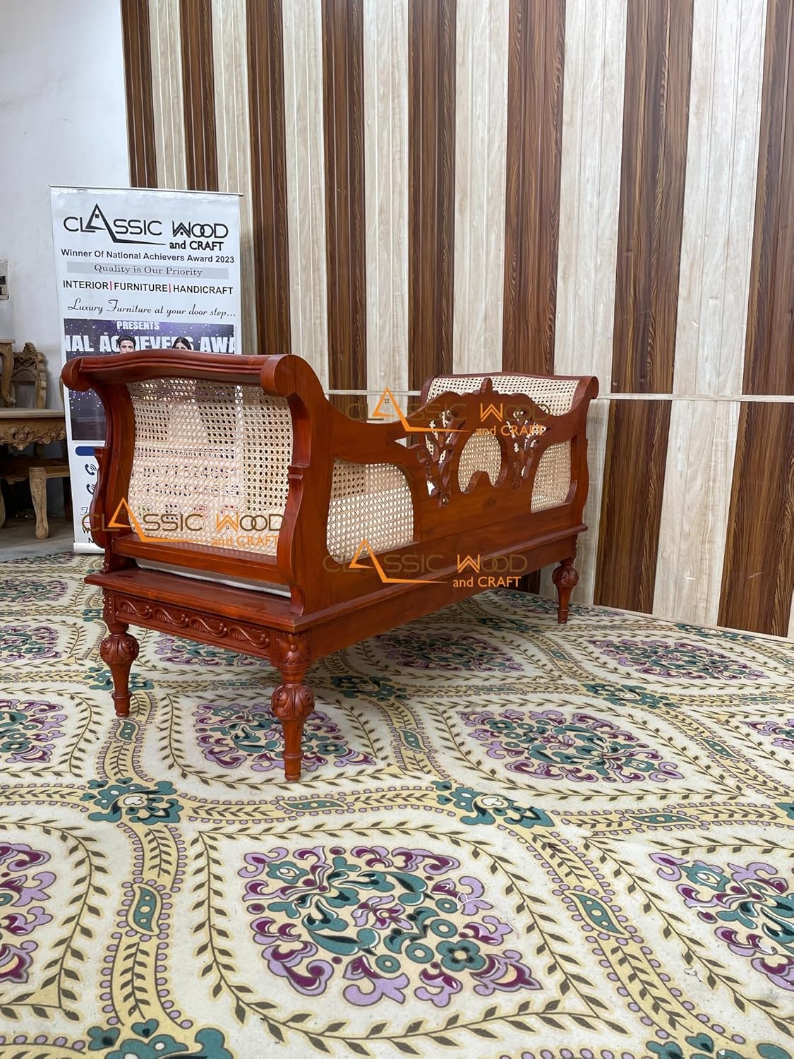 Wooden Diwan Sofa Traditional Cane Back Daybed for Living Room & Bedroom - Image 3