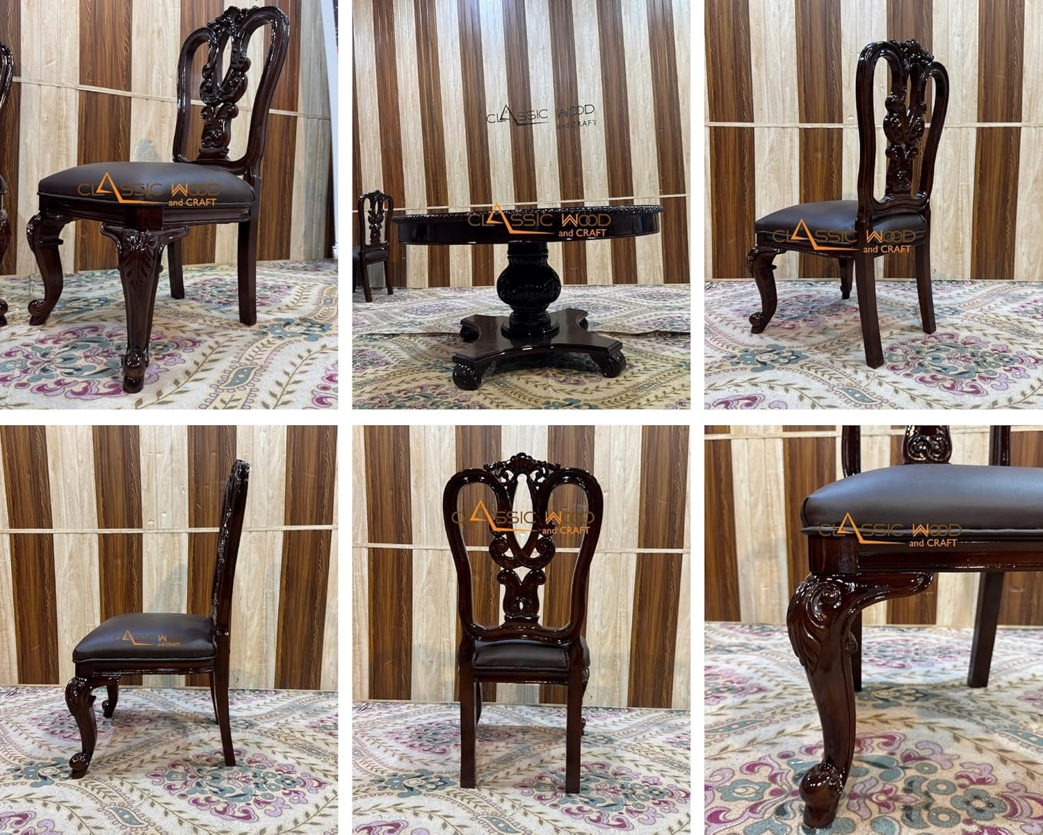 Solid Wood 6 Seater Dining Set Handcrafted Round Table with Chairs Luxury Dining Furniture - Image 9