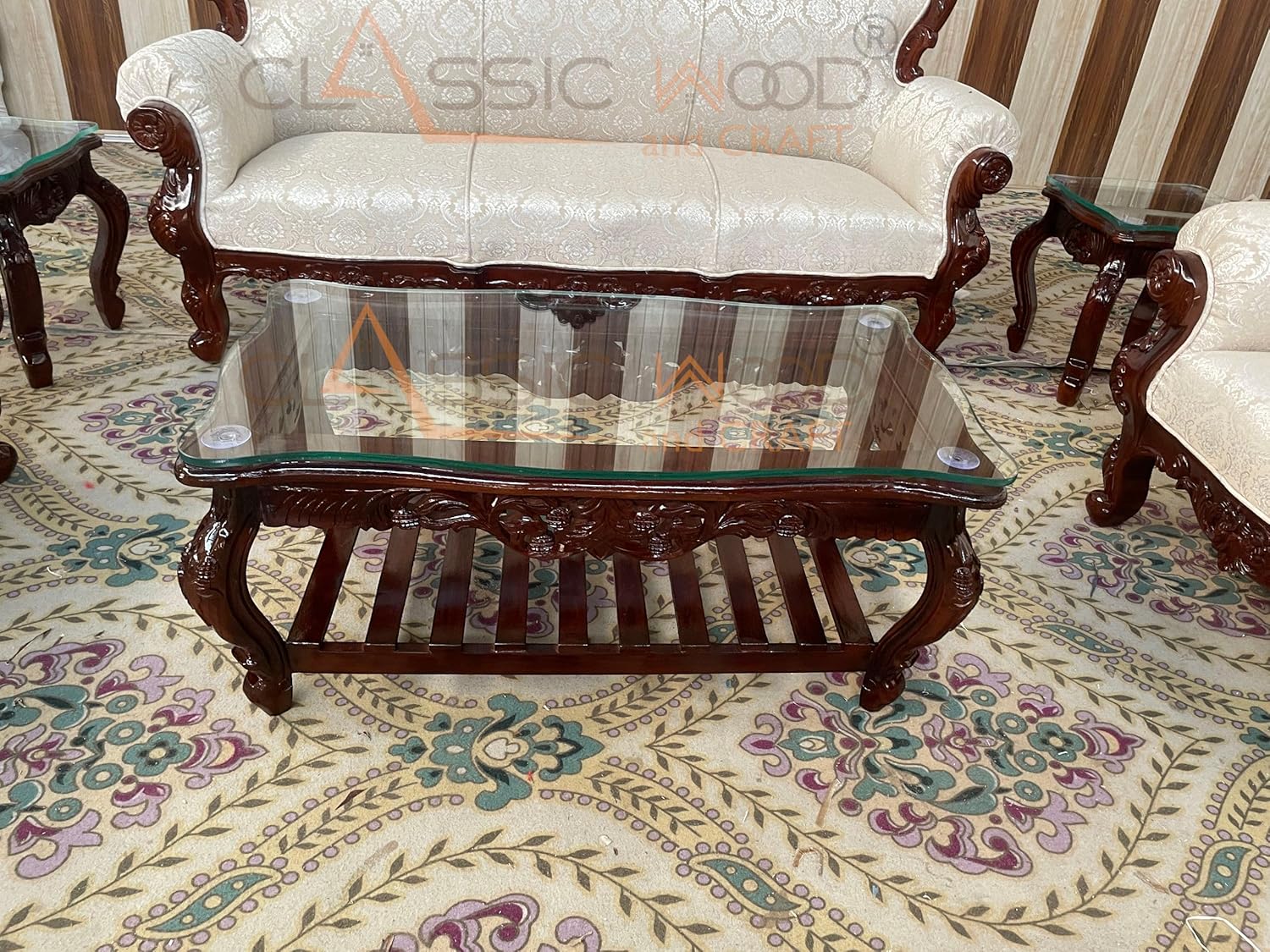 Luxury Victorian Wooden Sofa Set 3+1+1 with Center Table Handcrafted Teakwood Furniture - Image 4