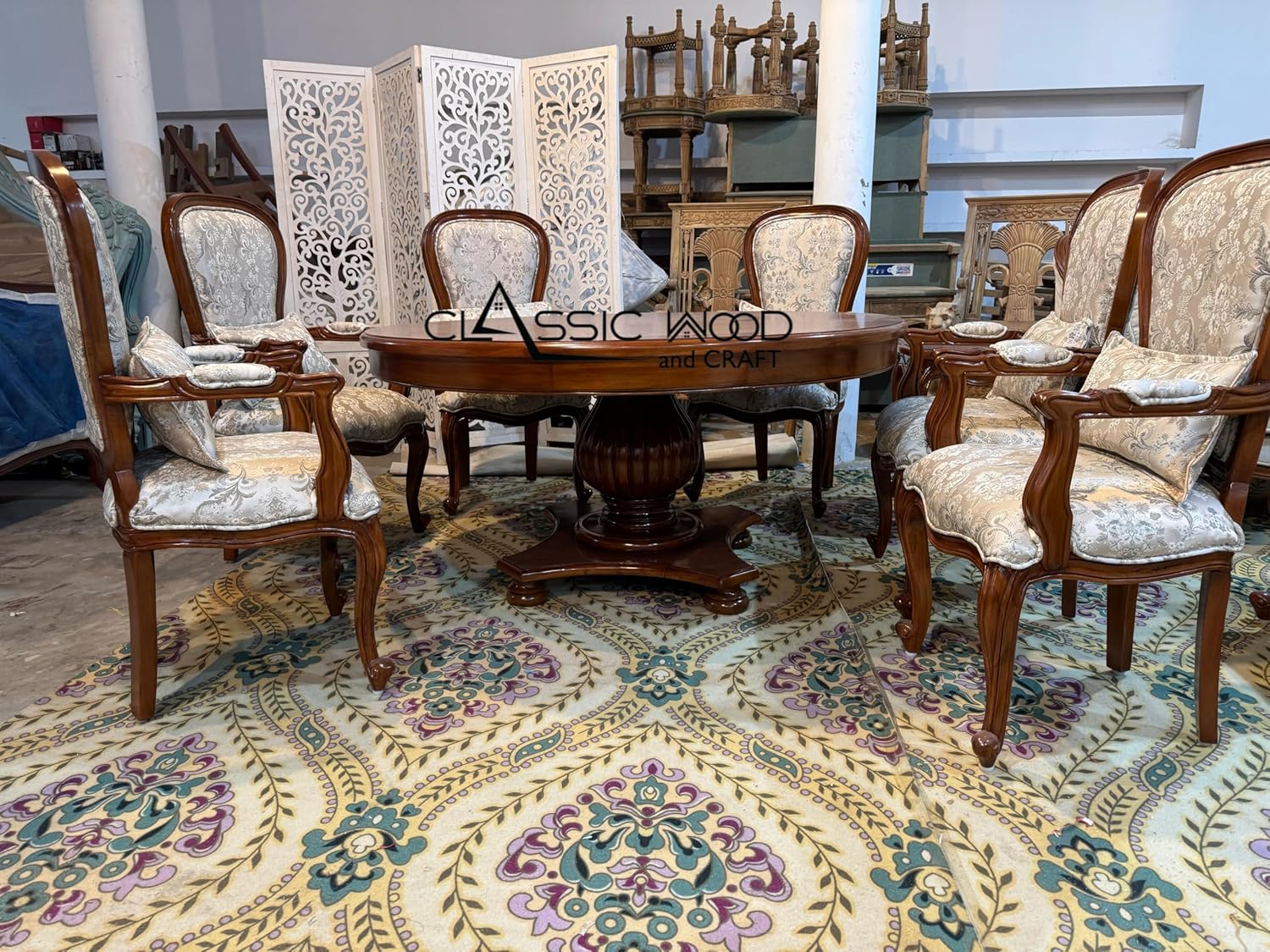 Luxury Round Teak Wood Dining Table Set with 6 Upholstered Chairs - Image 6