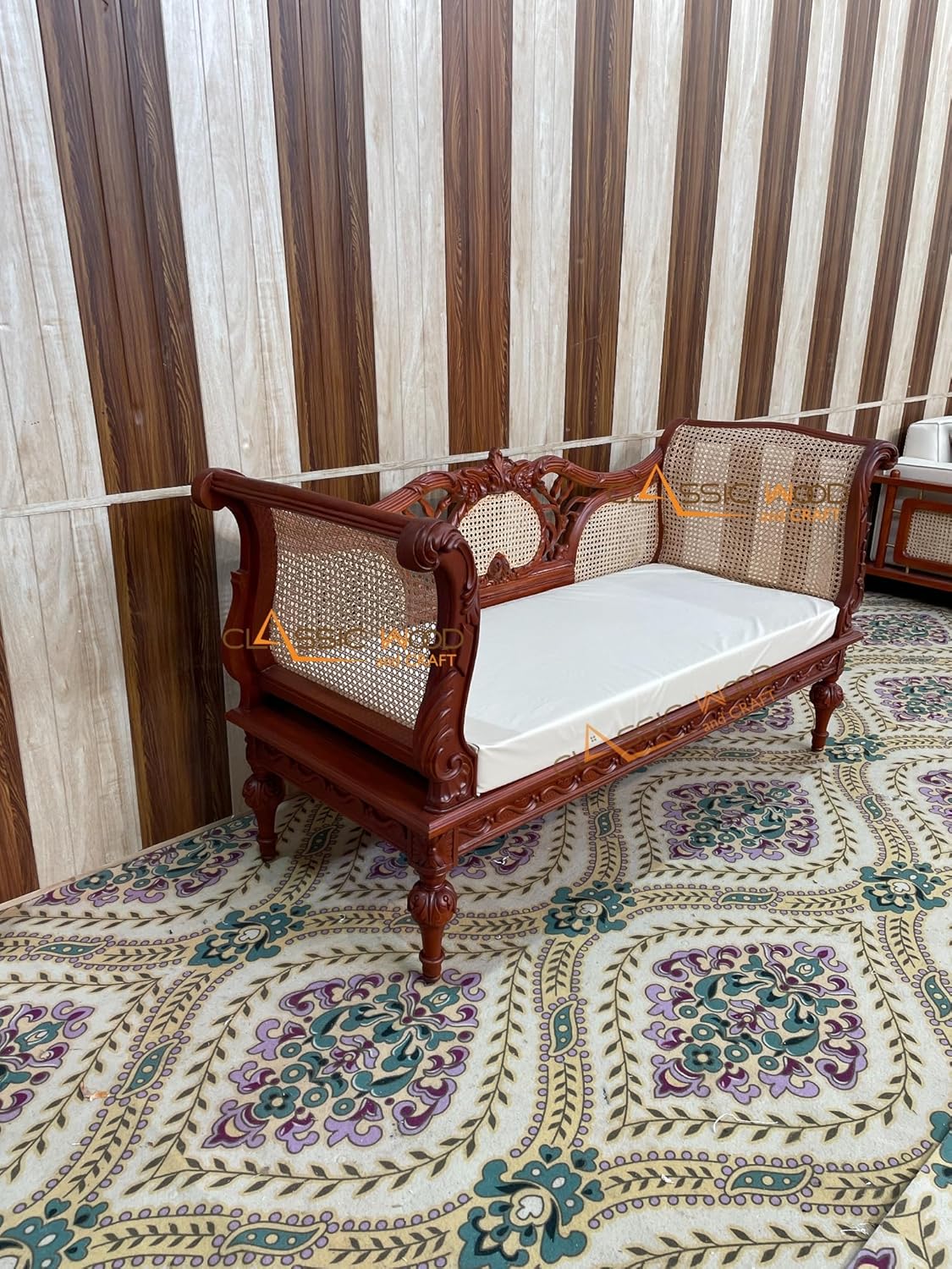Wooden Diwan Sofa Traditional Cane Back Daybed for Living Room & Bedroom - Image 6
