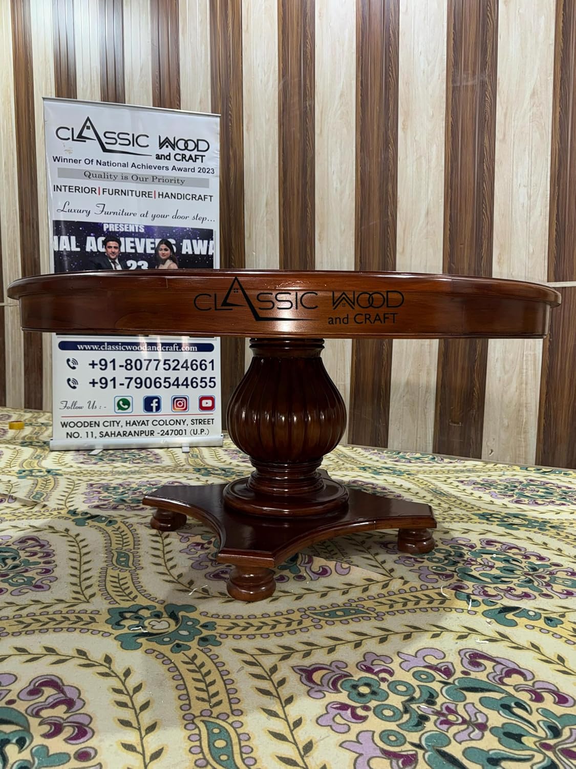 Luxury Round Teak Wood Dining Table Set with 6 Upholstered Chairs - Image 2