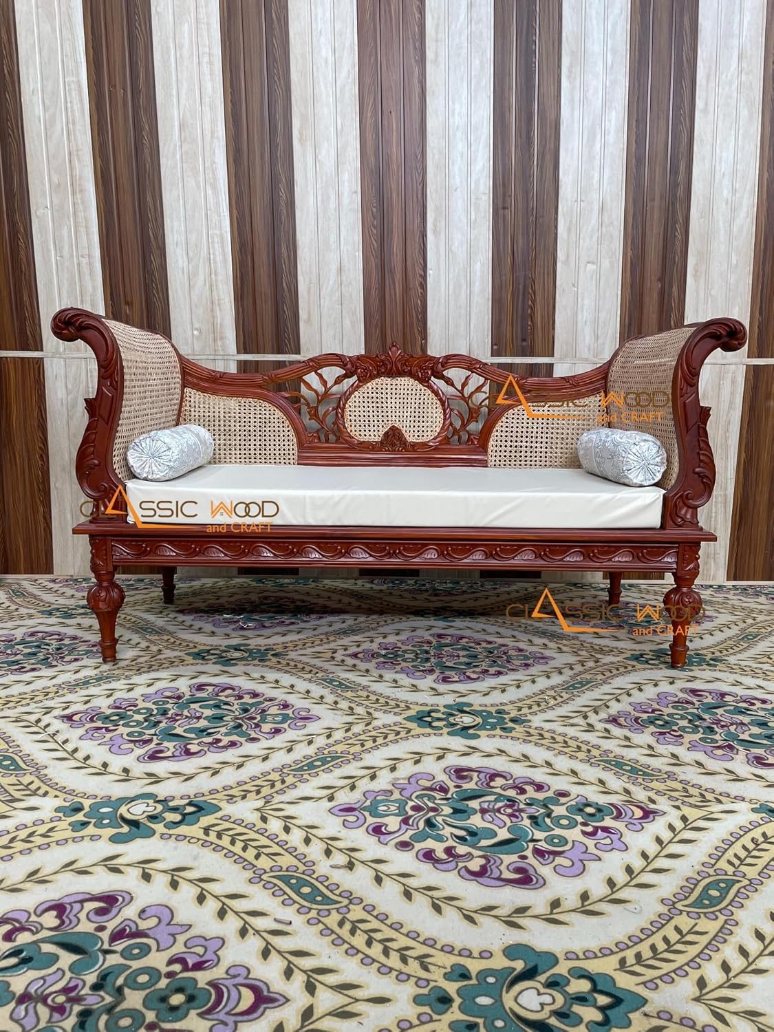 Wooden Diwan Sofa Traditional Cane Back Daybed for Living Room & Bedroom