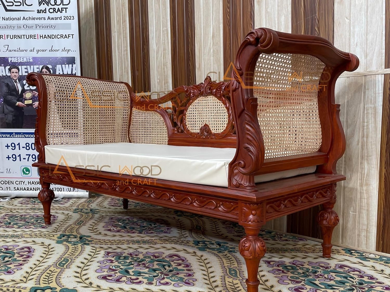 Wooden Diwan Sofa Traditional Cane Back Daybed for Living Room & Bedroom - Image 7