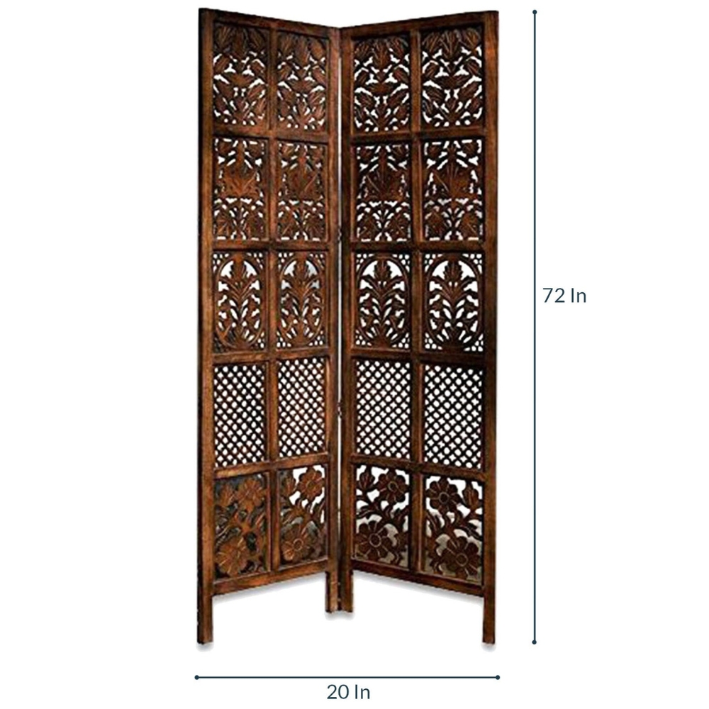 Decorative 2 Panel Hand-Carved Wooden Room Partition | Solid Wood Floral Jali Folding Partition - Image 3