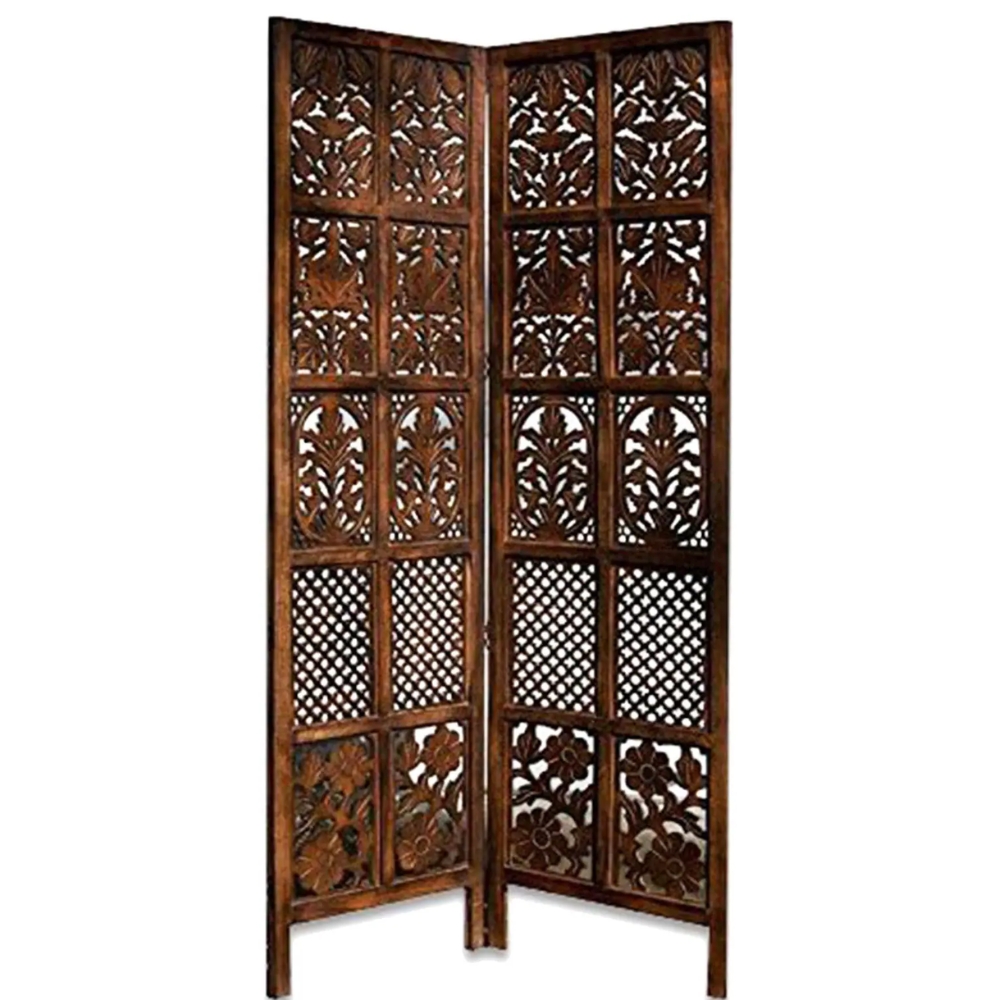 Decorative 2 Panel Hand-Carved Wooden Room Partition | Solid Wood Floral Jali Folding Partition - Image 2