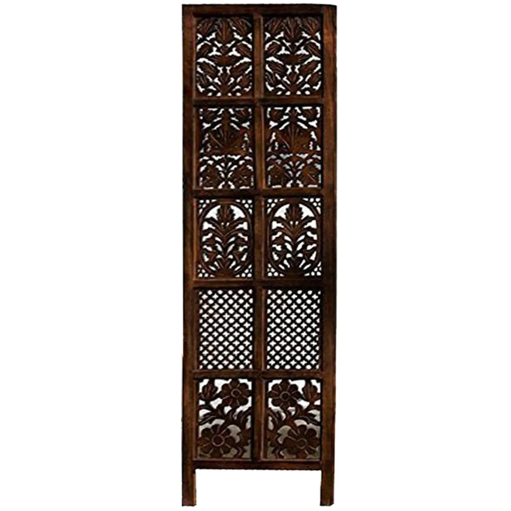 Decorative 2 Panel Hand-Carved Wooden Room Partition | Solid Wood Floral Jali Folding Partition - Image 4