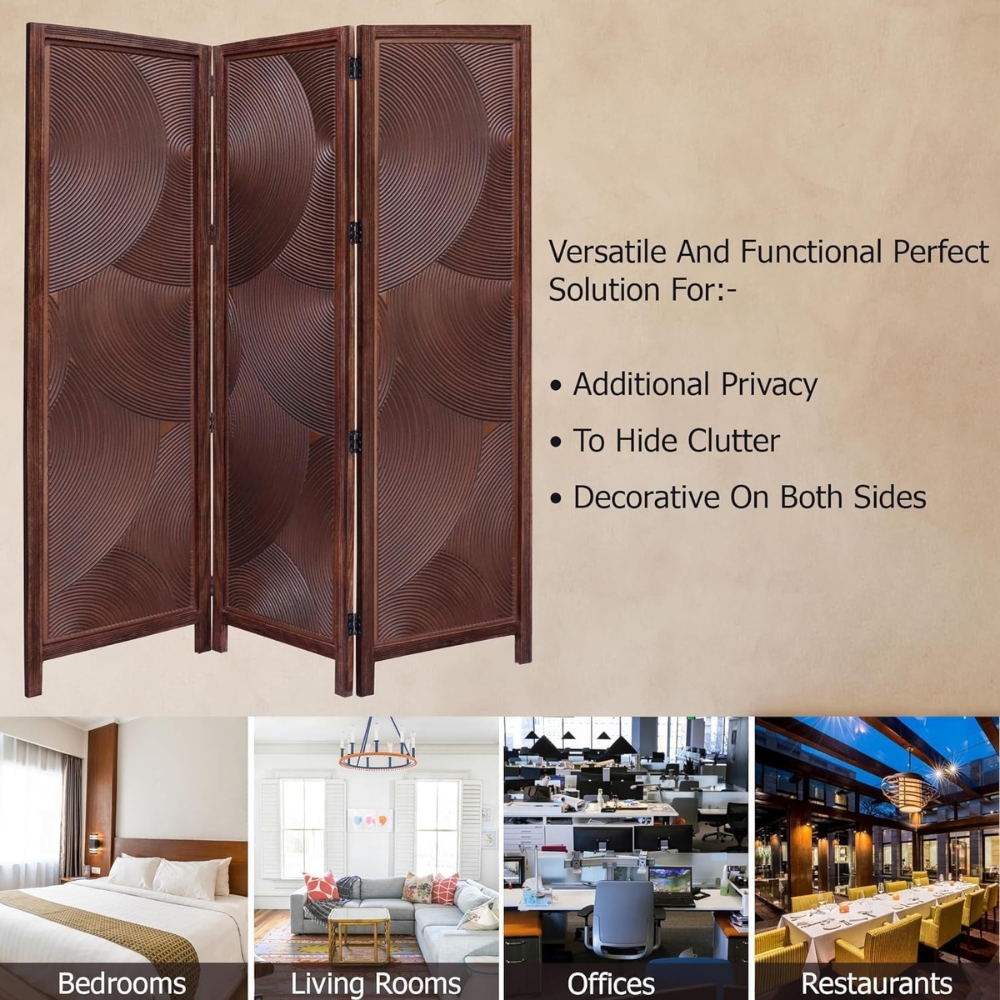 Decorative 2 Panel Hand-Carved Wooden Room Divider with Circular Design | Solid Wood Folding Partition - Image 3