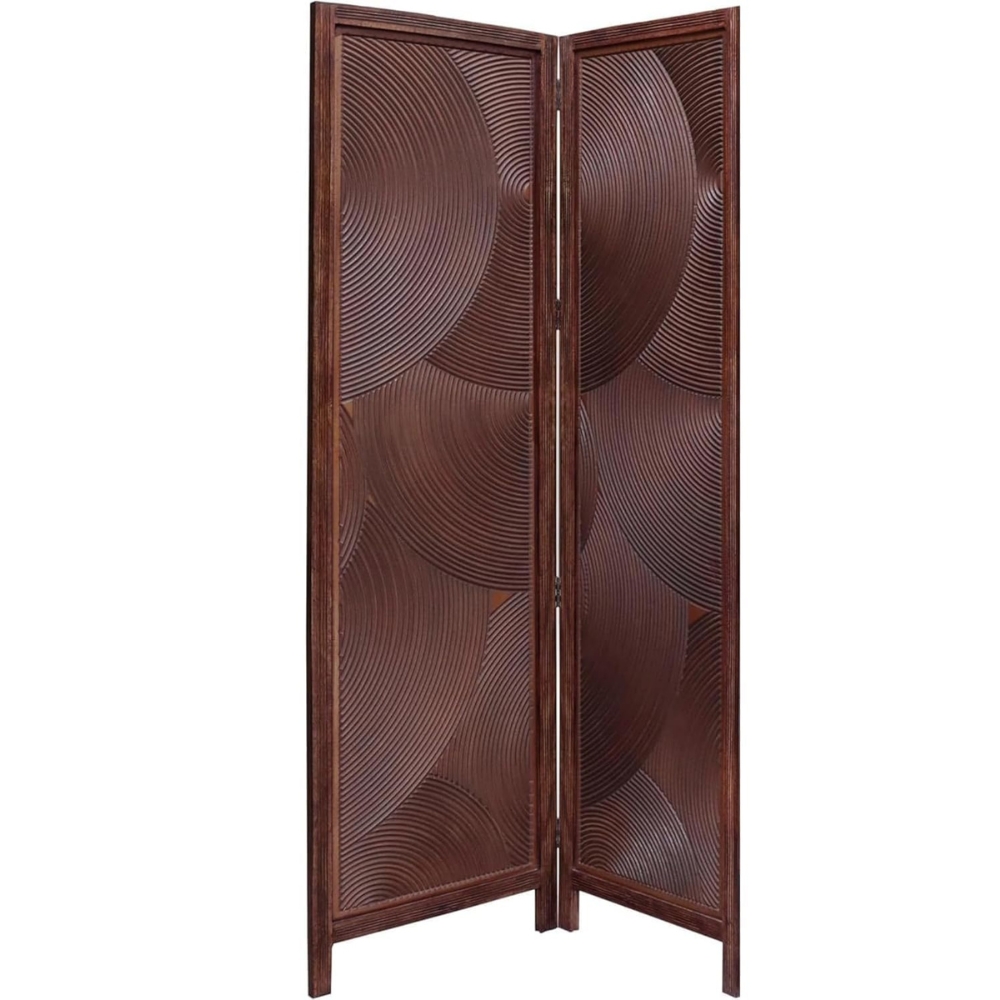 Decorative 2 Panel Hand-Carved Wooden Room Divider with Circular Design  Solid Wood Folding Partition