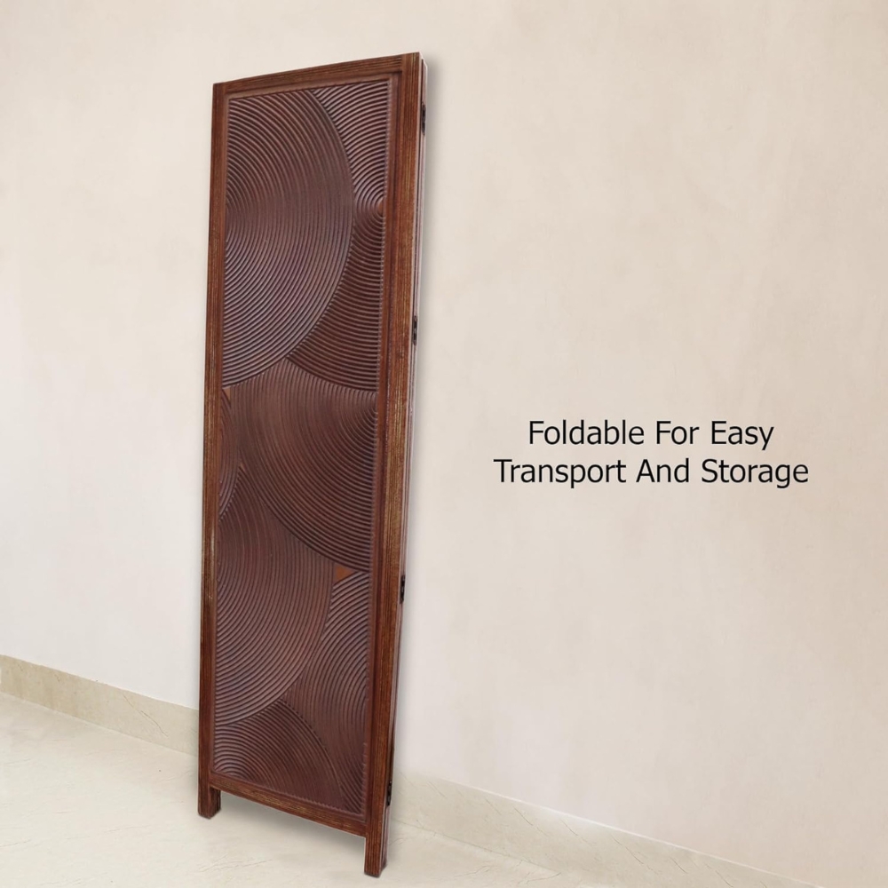 Decorative 2 Panel Hand-Carved Wooden Room Divider with Circular Design | Solid Wood Folding Partition - Image 4