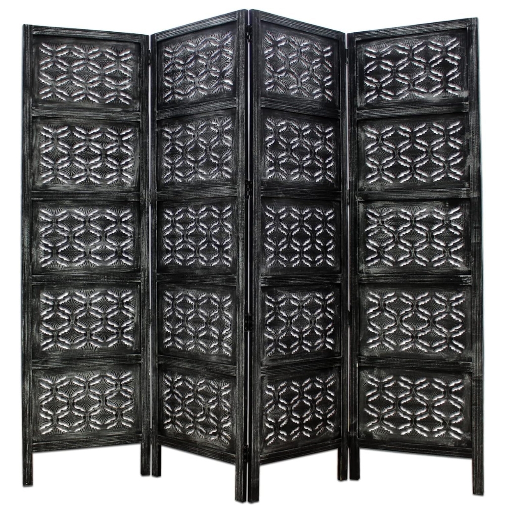 Hand-Carved Black Wooden Room Divider with Floral Jali Design  Solid Wood Folding Partition