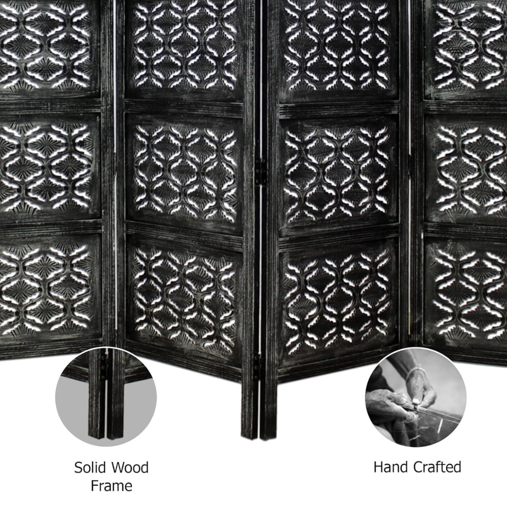 Hand-Carved Black Wooden Room Partition with Floral Jali Design | Solid Wood Folding Partition - Image 7
