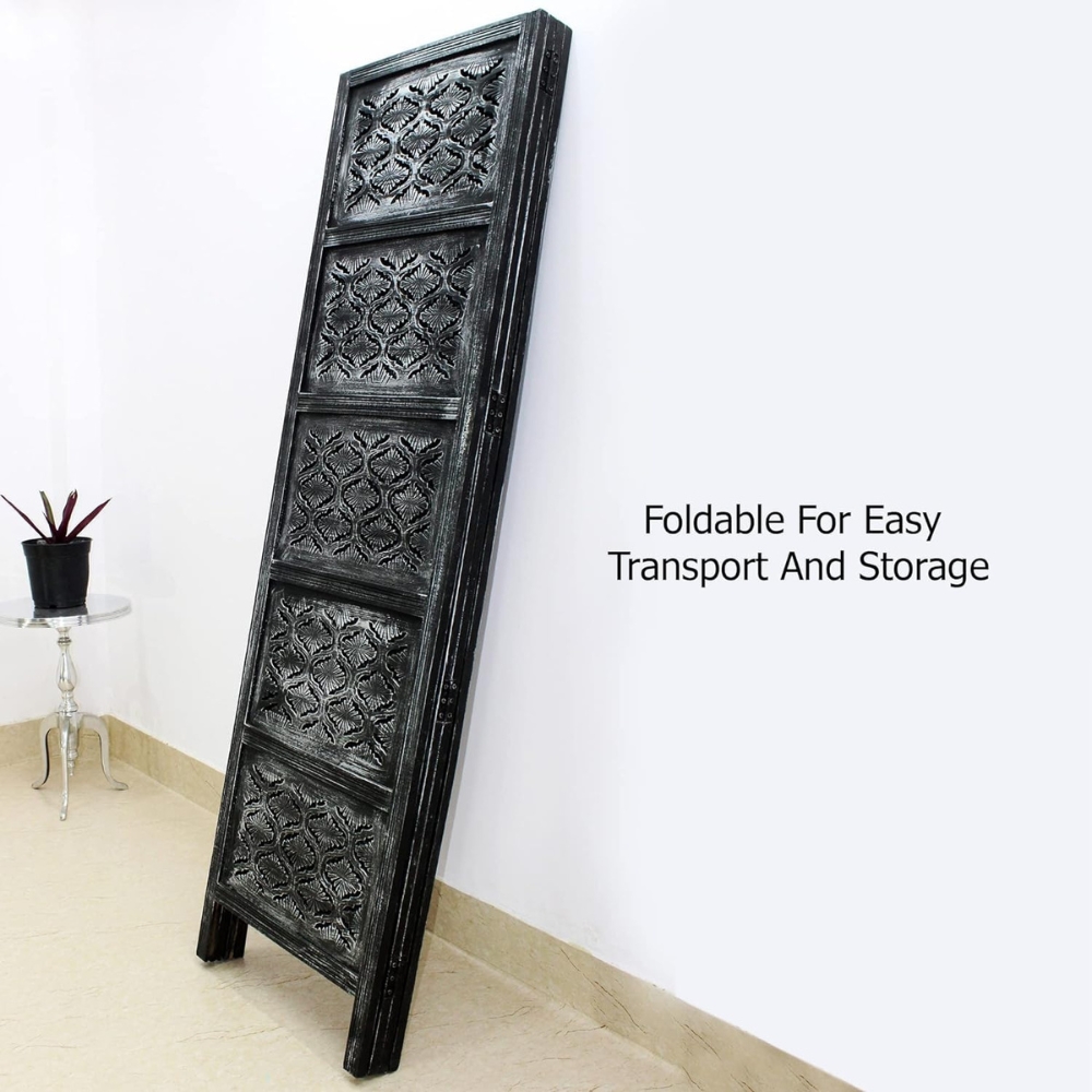 Hand-Carved Black Wooden Room Partition with Floral Jali Design | Solid Wood Folding Partition - Image 6