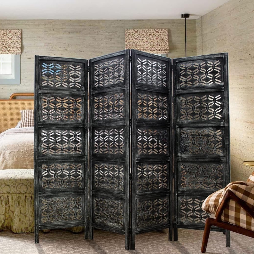 Hand-Carved Black Wooden Room Partition with Floral Jali Design | Solid Wood Folding Partition - Image 5
