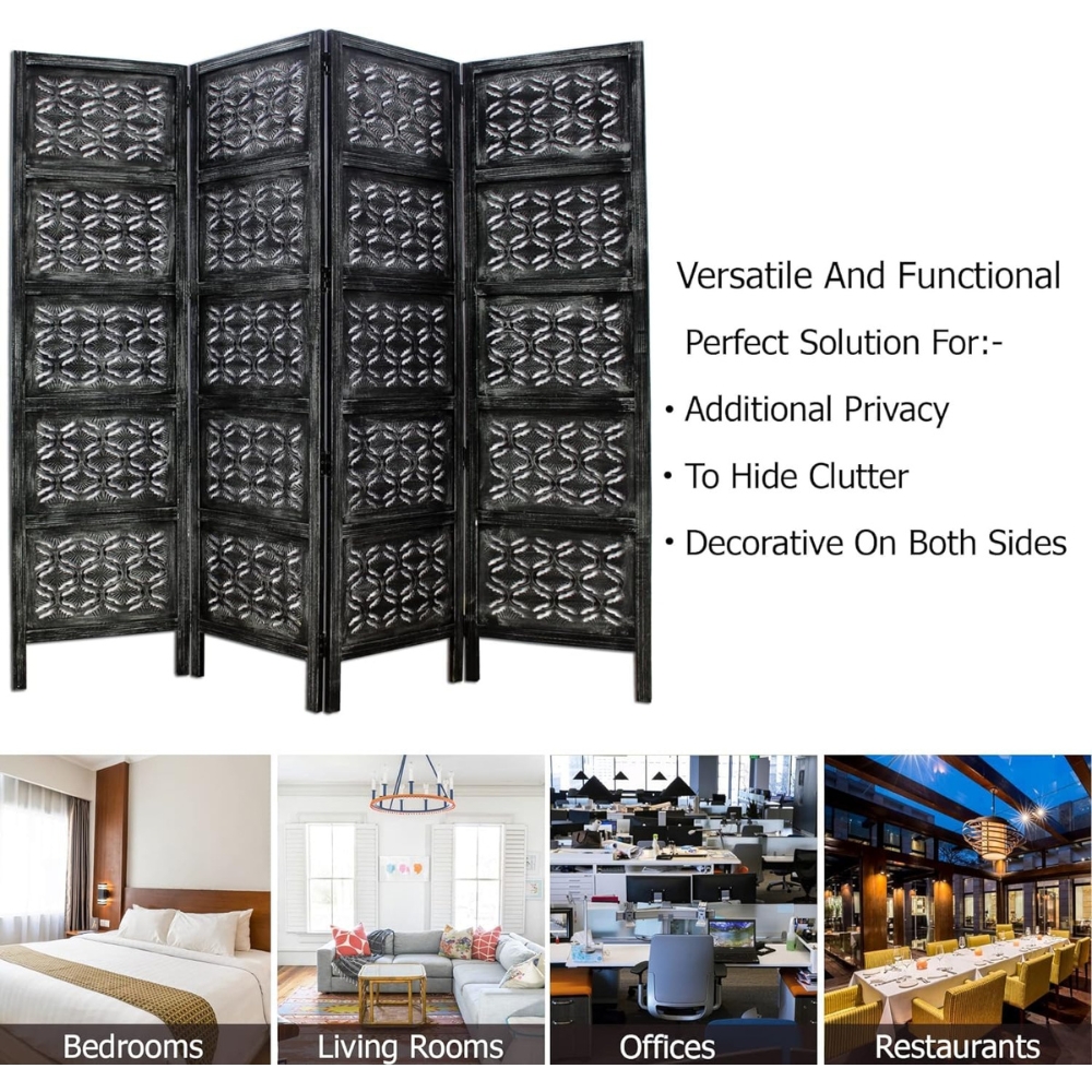 Hand-Carved Black Wooden Room Partition with Floral Jali Design | Solid Wood Folding Partition - Image 4