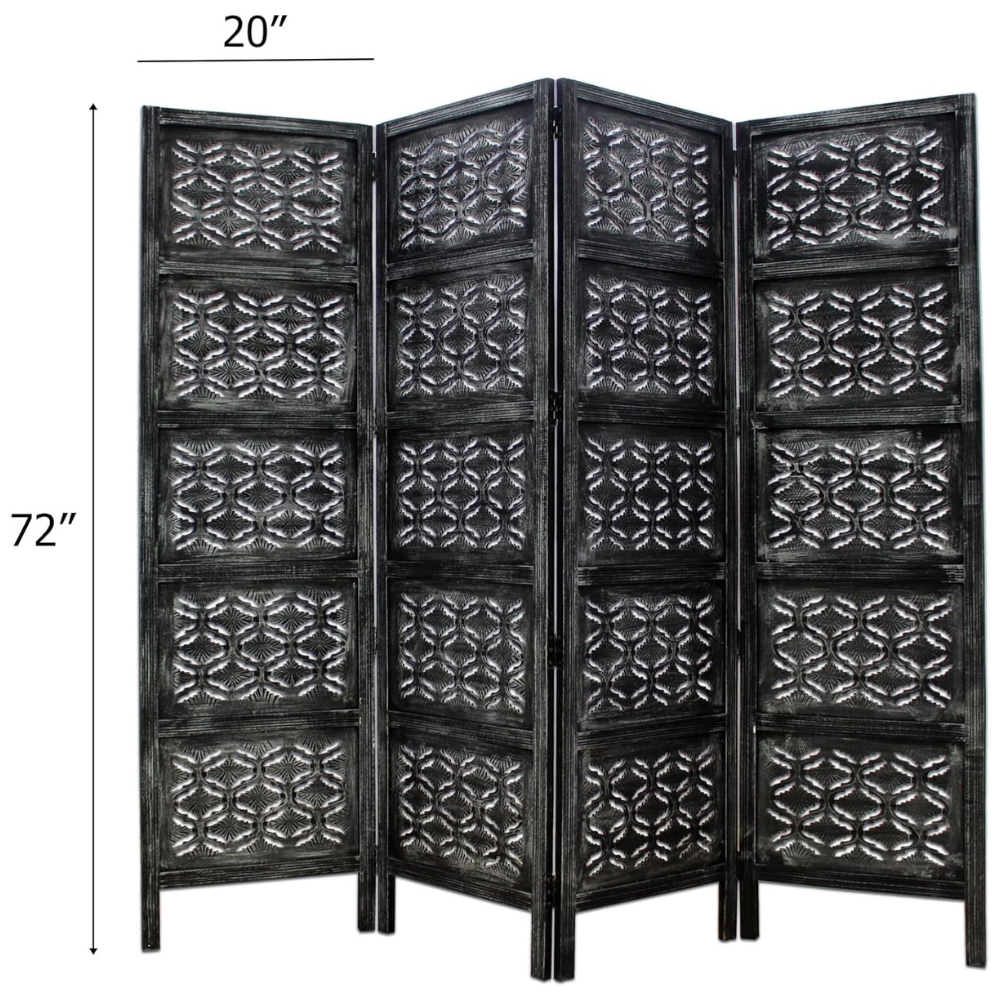 Hand-Carved Black Wooden Room Partition with Floral Jali Design | Solid Wood Folding Partition - Image 3