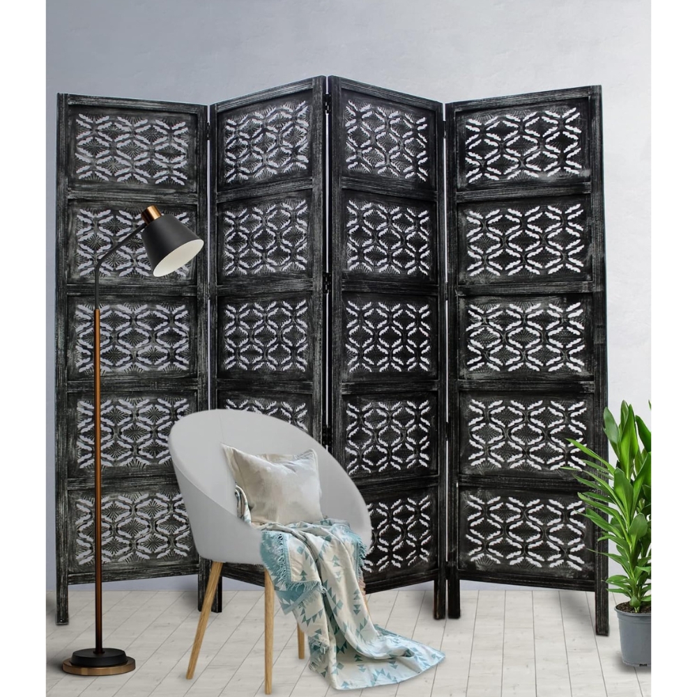 Hand-Carved Black Wooden Room Partition with Floral Jali Design | Solid Wood Folding Partition - Image 2