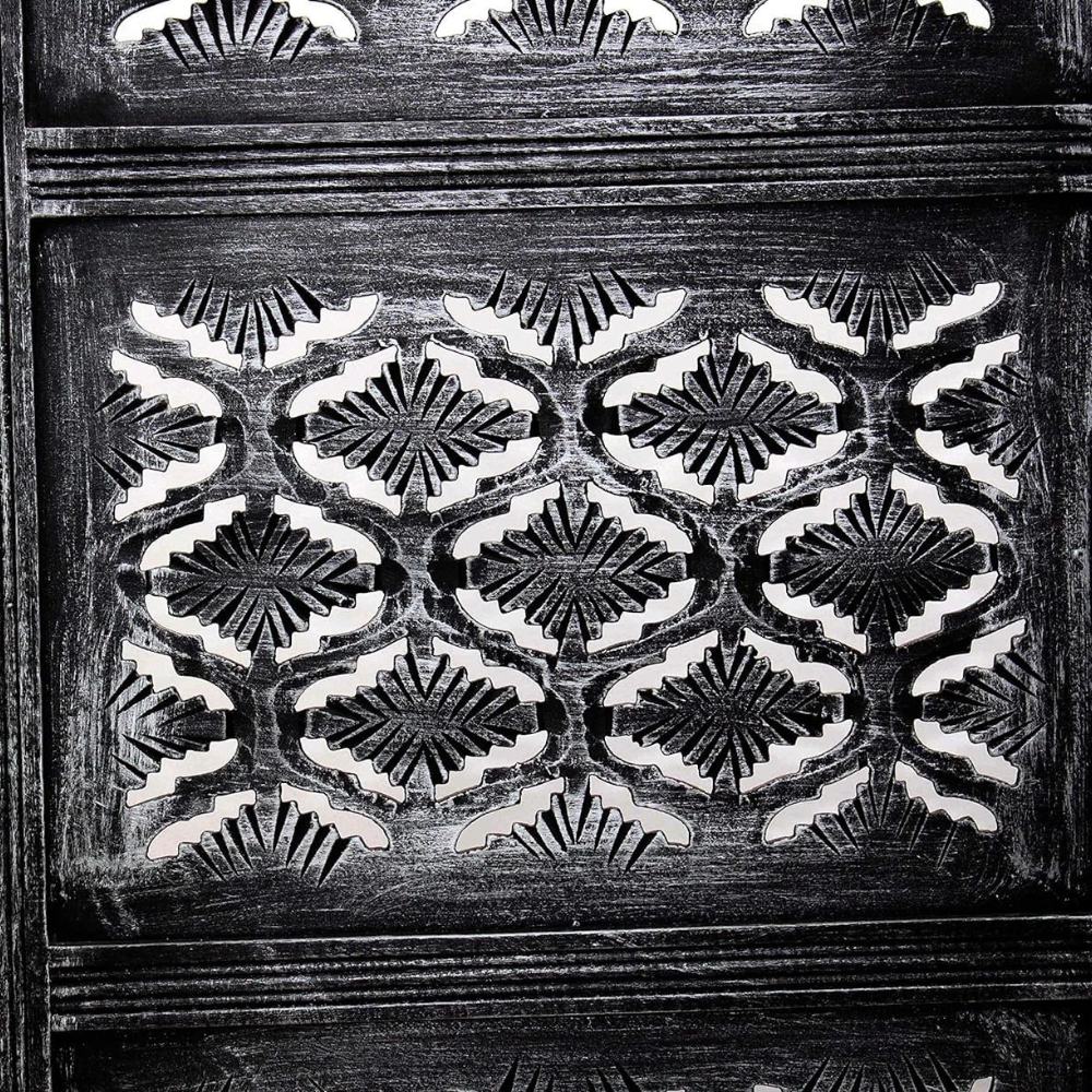 Hand-Carved Black Wooden Room Partition with Floral Jali Design | Solid Wood Folding Partition - Image 8