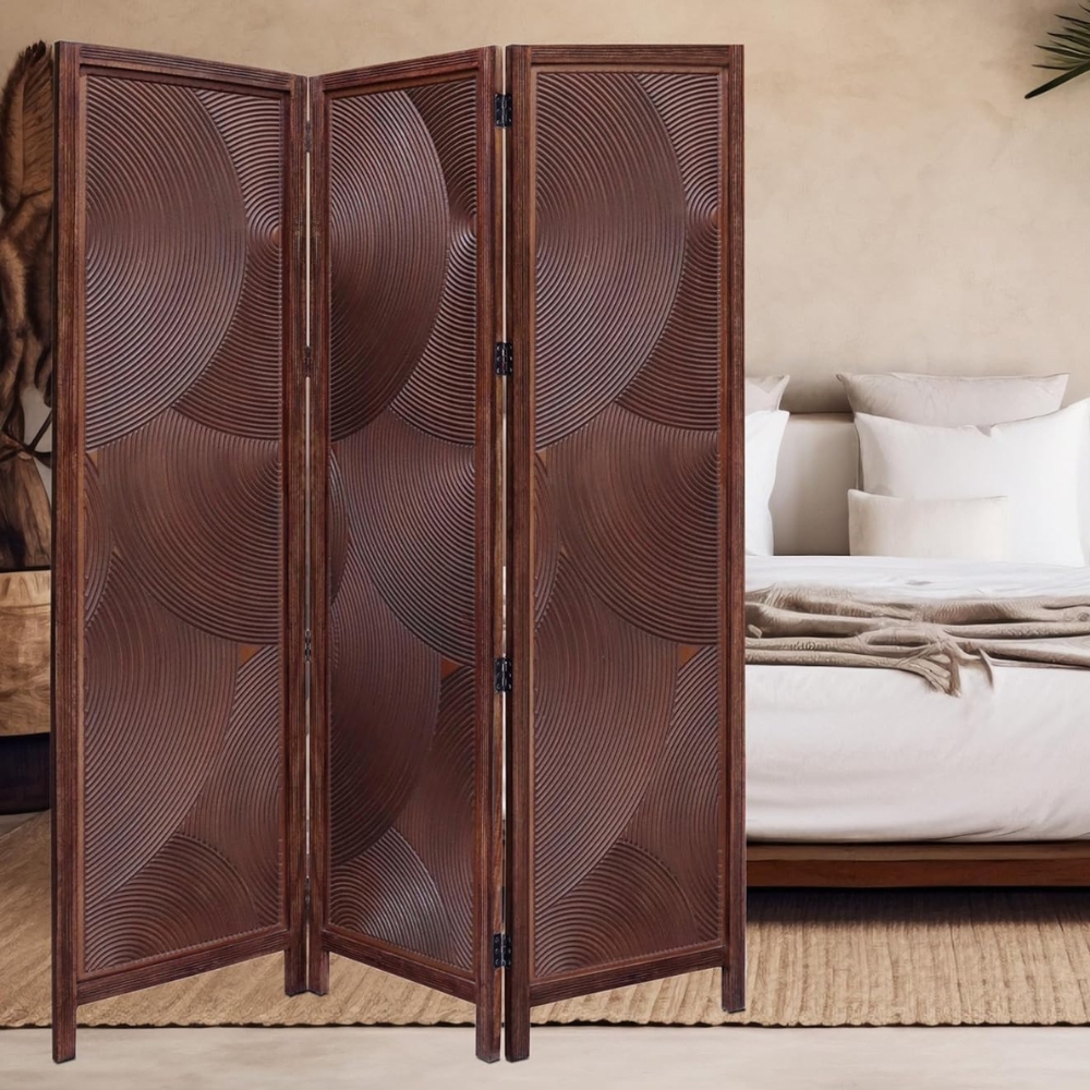 Hand-Carved Solid Wood Room Divider  3-Panel Wooden Privacy Screen for Bedroom & Living Room