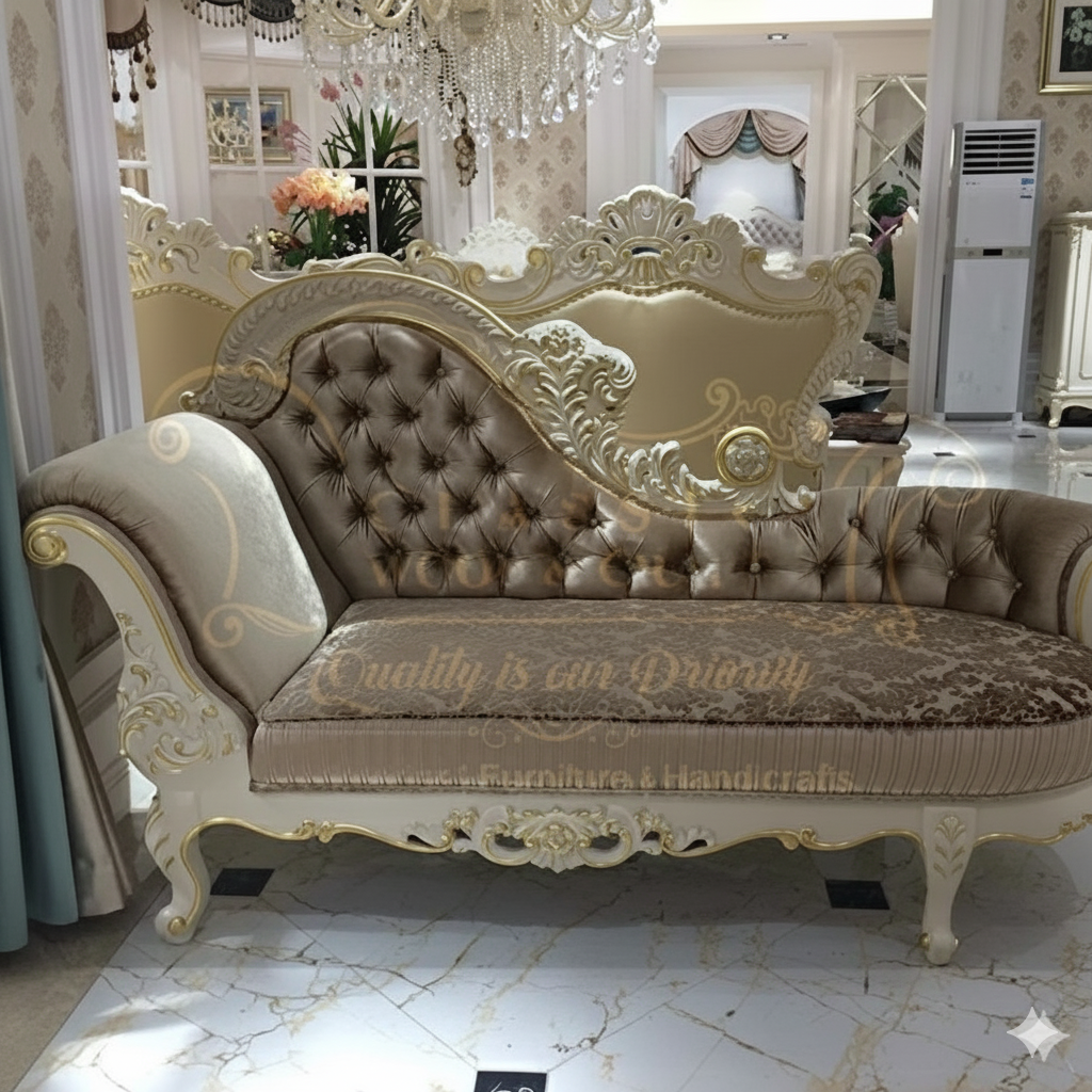 Luxury Traditional Chaise Lounge Sofa Ornate Hand-Carved Wooden Frame