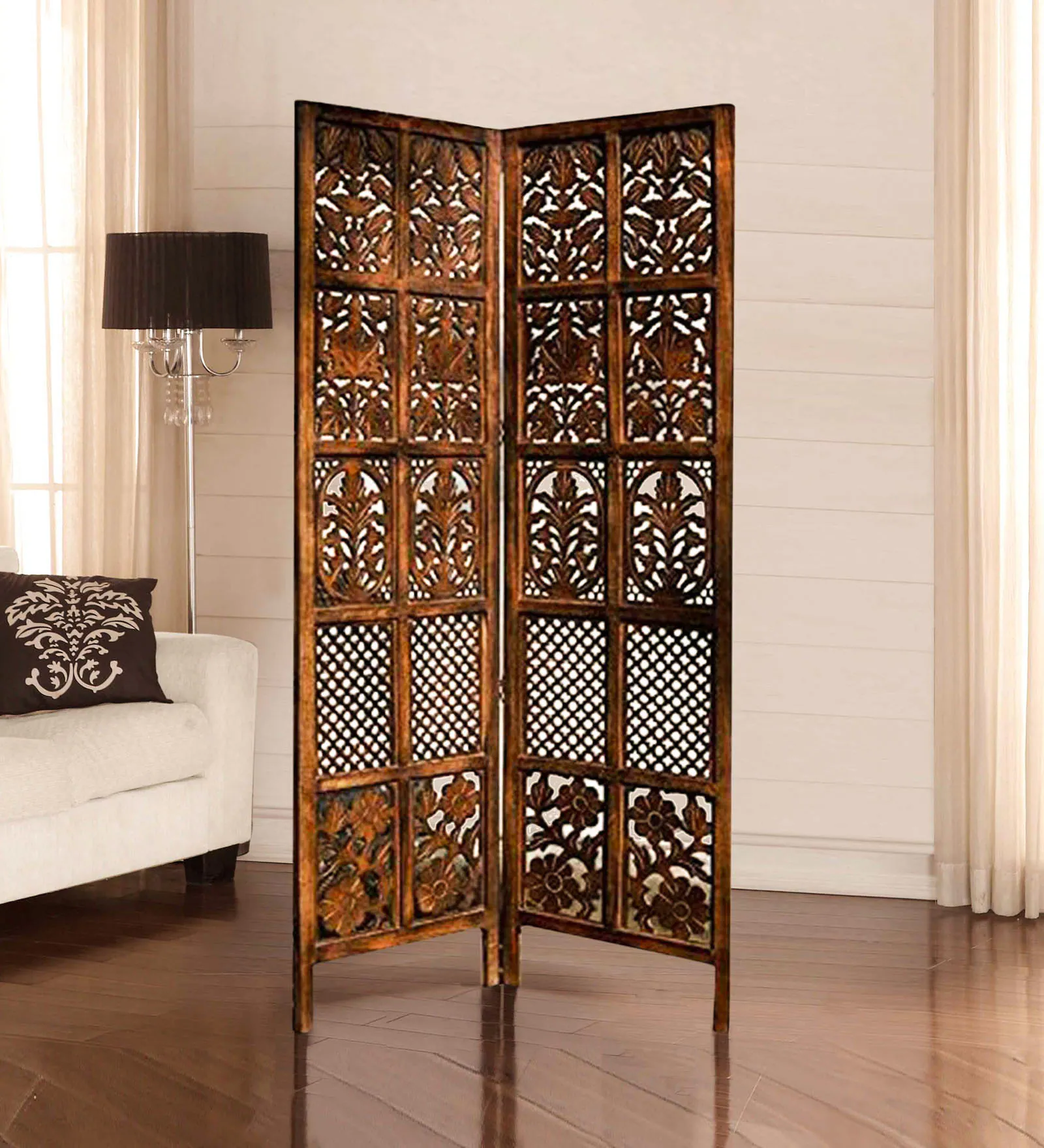 Handcrafted 2-panel wooden room divider with intricate carved floral and lattice design, solid wood folding partition screen, 72 x 20 inches