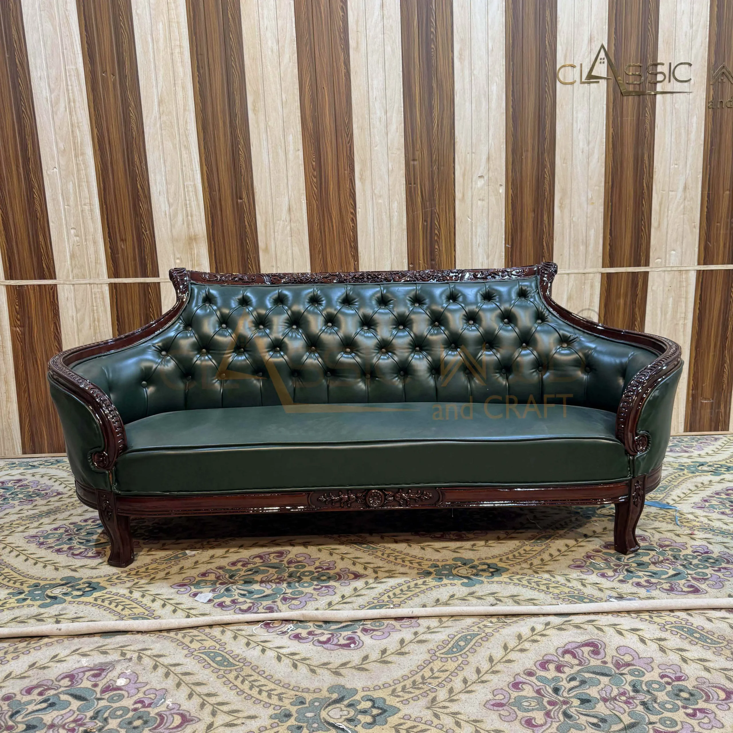 Premium Chesterfield Style Green Leather Sofa Set with Center Table - Image 3