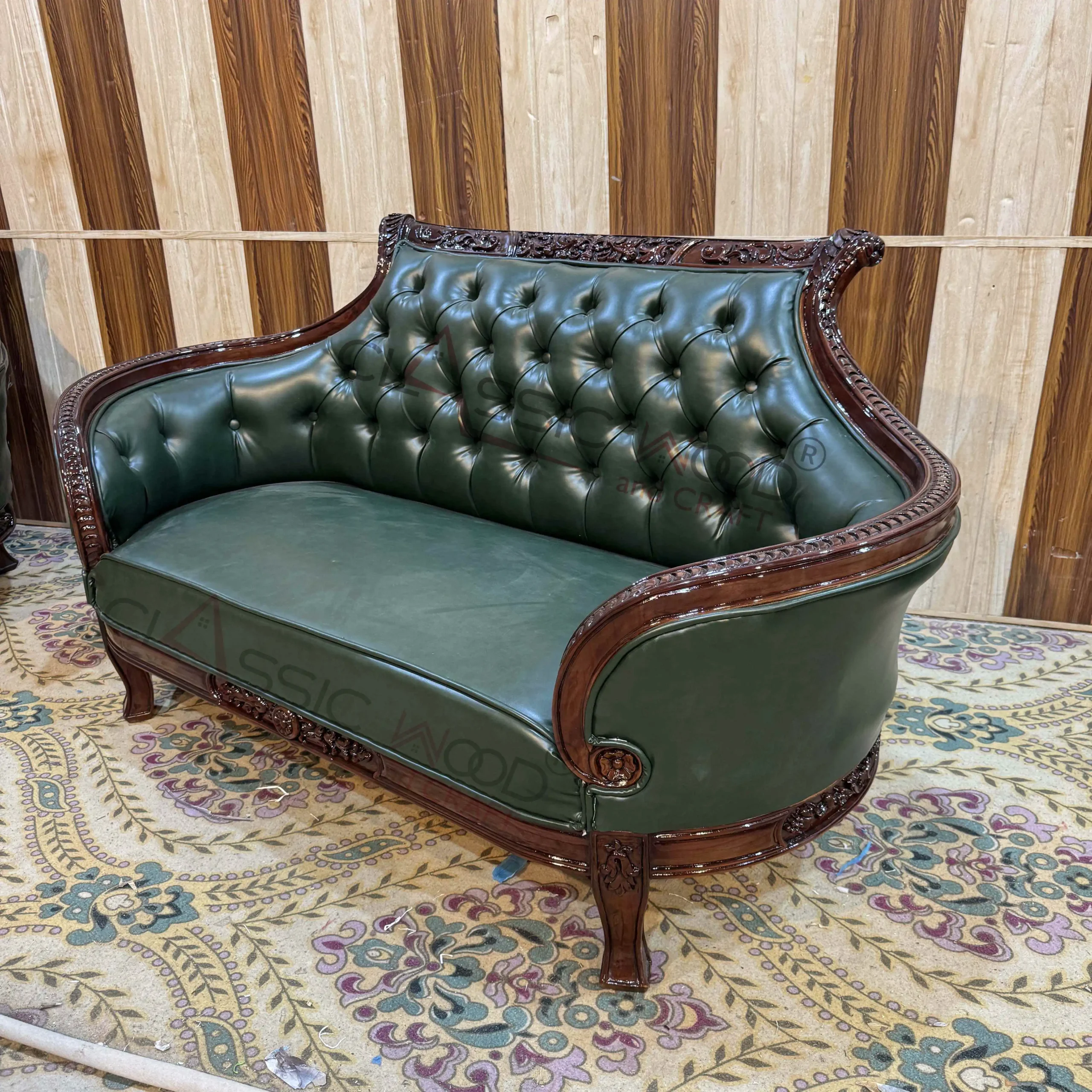 Premium Chesterfield Style Green Leather Sofa Set with Center Table - Image 5