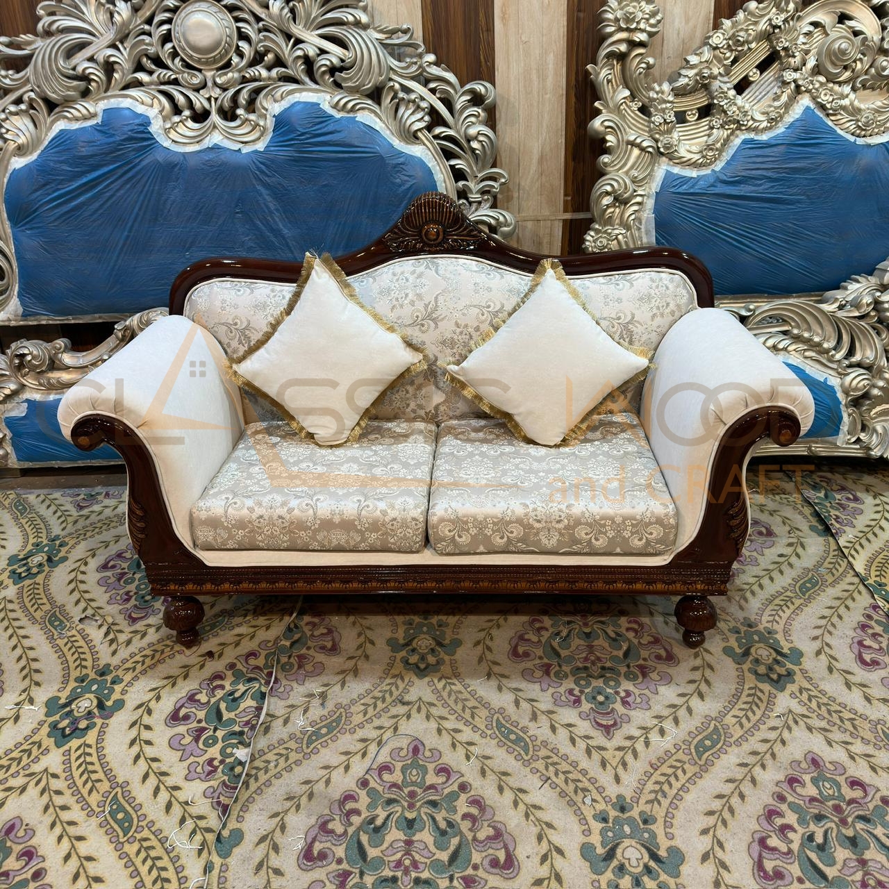 Royal Maharaja Style 8 Seater Sofa Set Teak Wood Luxury Victorian Living Room Furniture Designer Upholstery Hand Carving & Walnut Finish for Home - Image 5