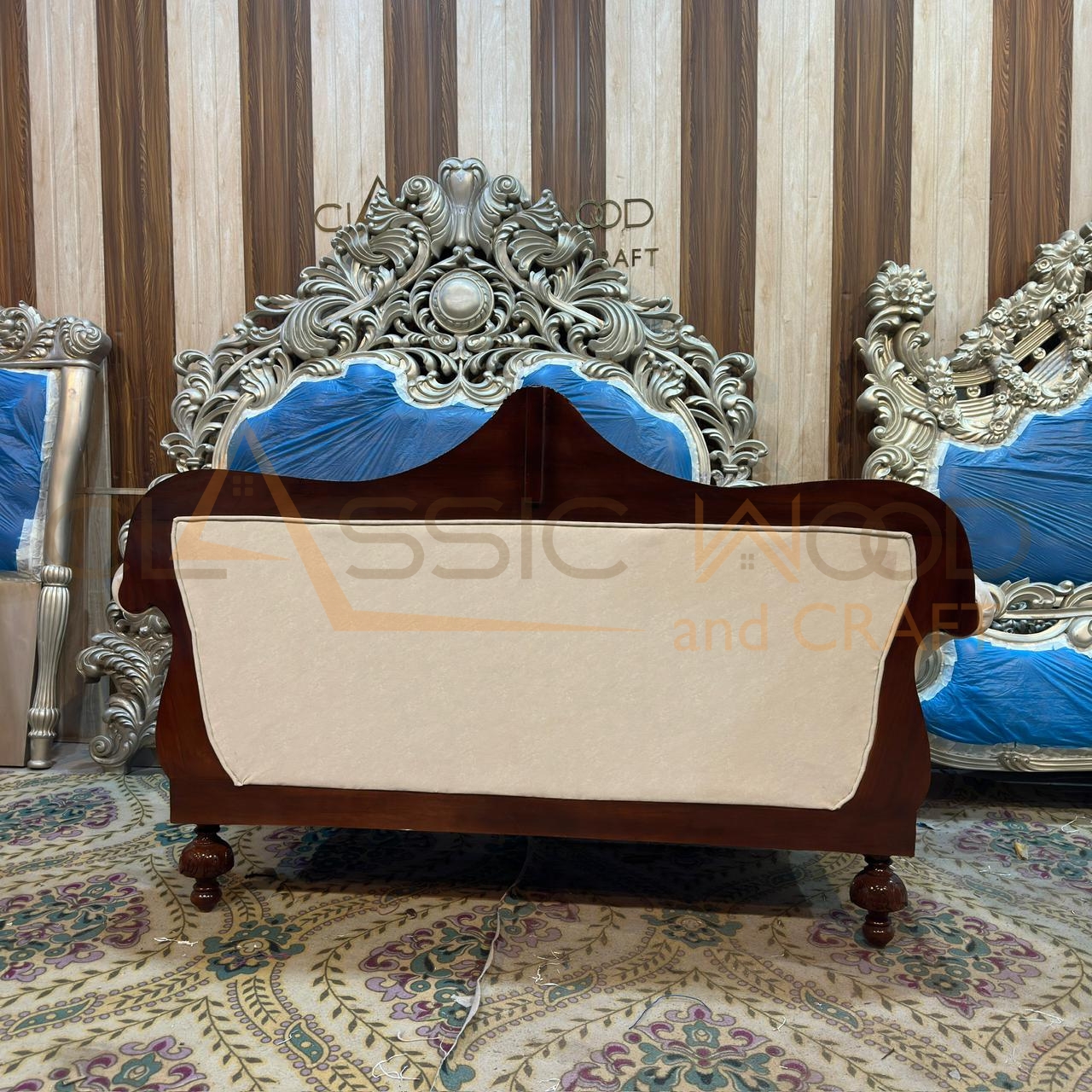 Royal Maharaja Style 8 Seater Sofa Set Teak Wood Luxury Victorian Living Room Furniture Designer Upholstery Hand Carving & Walnut Finish for Home - Image 4