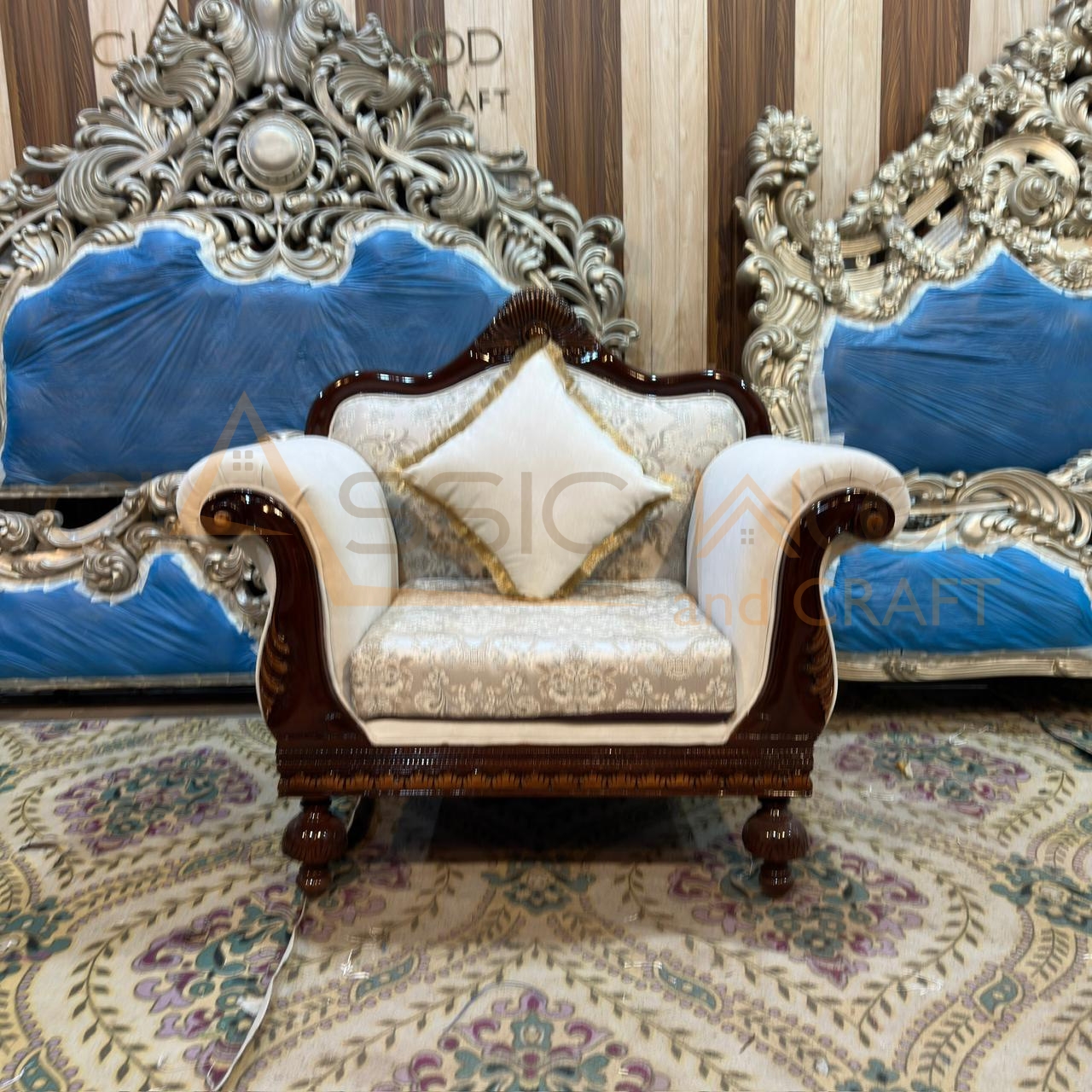 Royal Maharaja Style 8 Seater Sofa Set Teak Wood Luxury Victorian Living Room Furniture Designer Upholstery Hand Carving & Walnut Finish for Home - Image 3