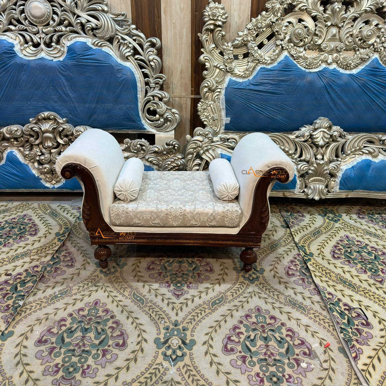 Royal Maharaja Style 8 Seater Sofa Set Teak Wood Luxury Victorian Living Room Furniture Designer Upholstery Hand Carving & Walnut Finish for Home - Image 8
