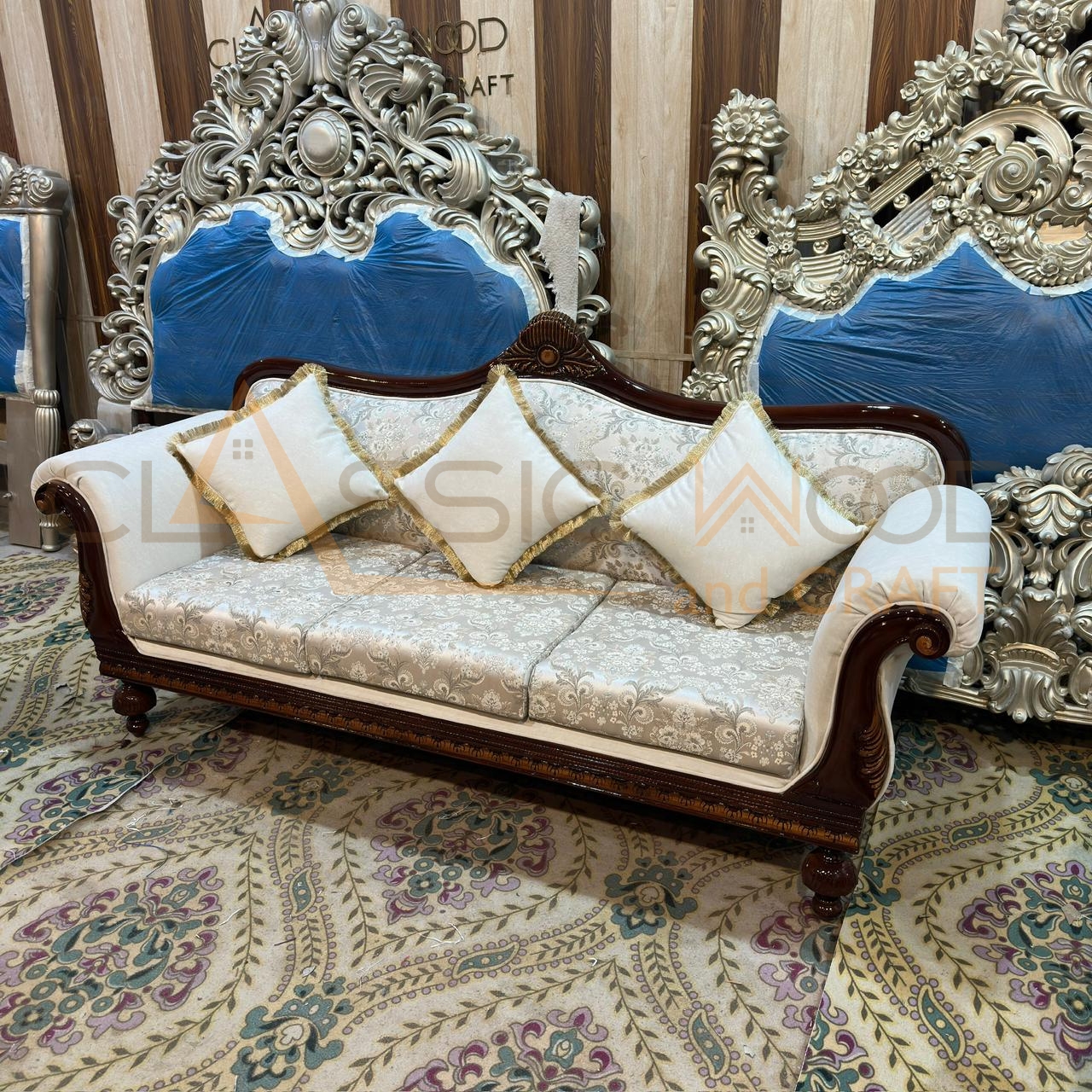 Royal Maharaja Style 8 Seater Sofa Set Teak Wood Luxury Victorian Living Room Furniture Designer Upholstery Hand Carving & Walnut Finish for Home - Image 7