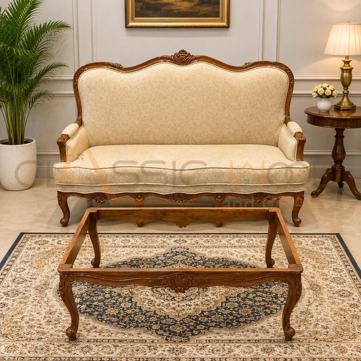 Royal Teak Wood 5 Seater Sofa Set (3+1+1) Center Table Handcrafted Wooden Living Room Furniture - Image 3