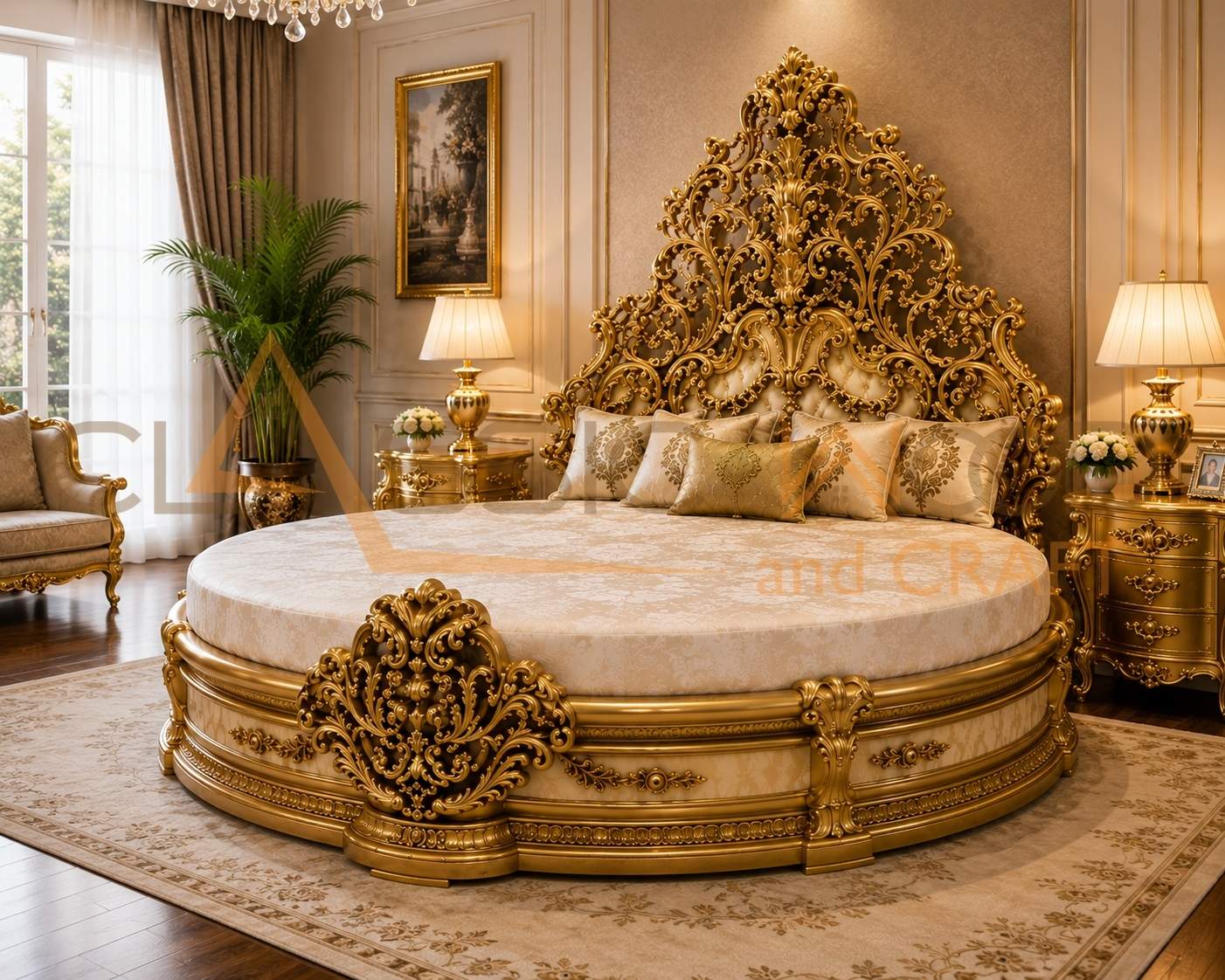 Royal Luxury Round Bed Teak Wood King Size Upholstered Bed Hand Carved Golden Finish - Image 3