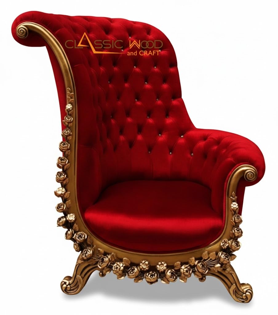 High Back Hand Carved Teak Wood Wingback Accent Chair Red Velvet Maharaja Throne Chair for Living Room & Hotel Lobby - Image 4