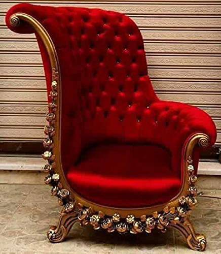 High Back Hand Carved Teak Wood Wingback Accent Chair Red Velvet Maharaja Throne Chair for Living Room & Hotel Lobby - Image 3