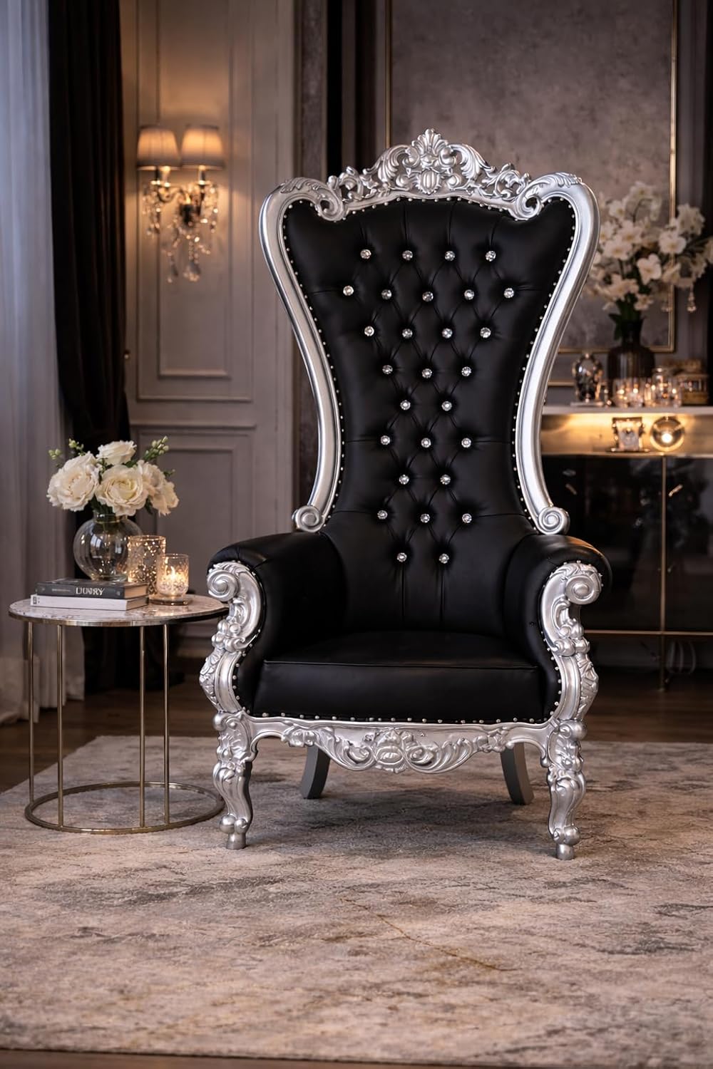 Luxury Hand Carved Roya Throne Chair Teak Wood Black Tufted Upholstered Maharaja Accent Chair - Image 3