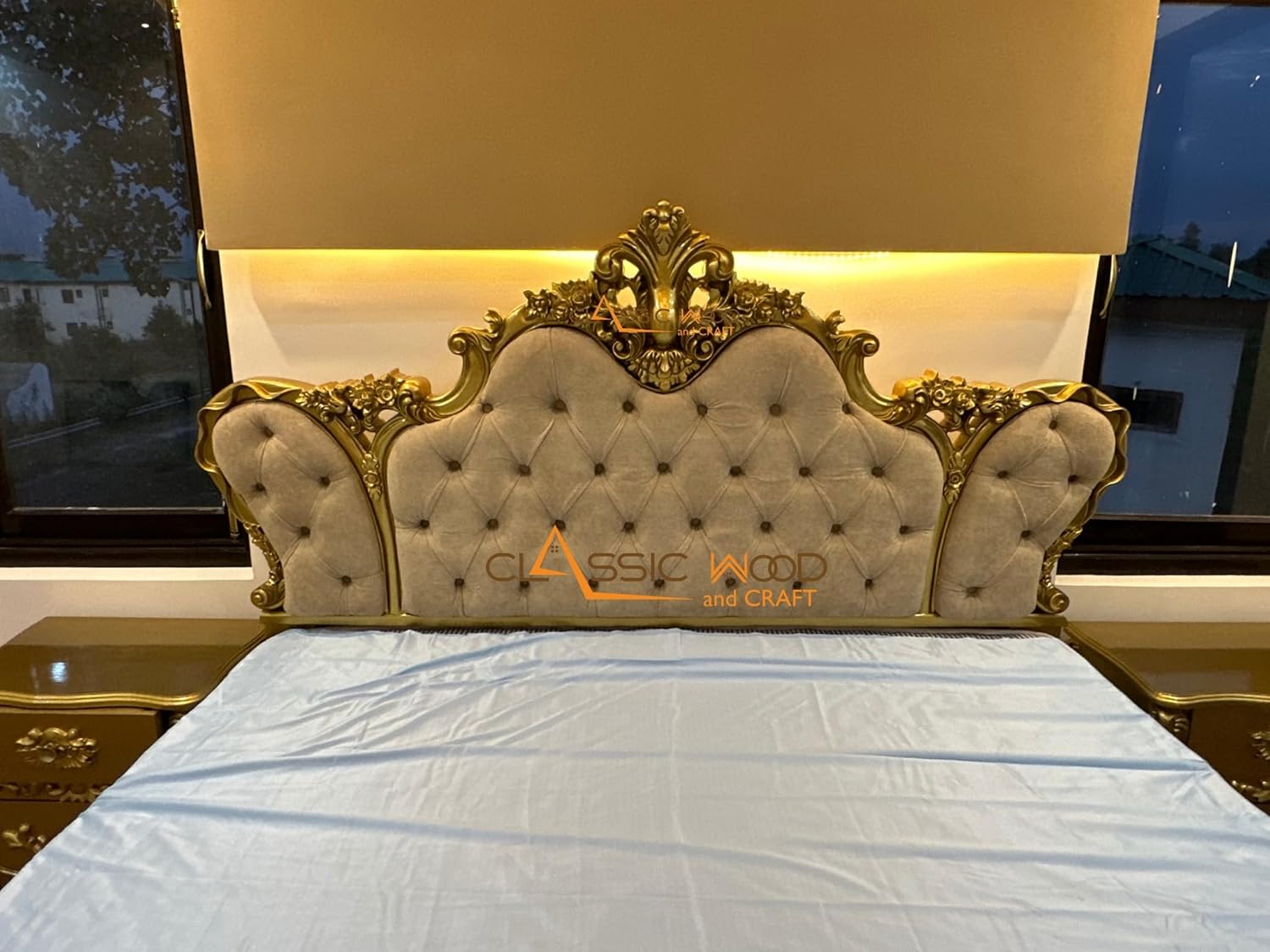 Royal Luxury Upholstered Bed Hand Carved Teak Wood Bedroom Furniture - Image 3