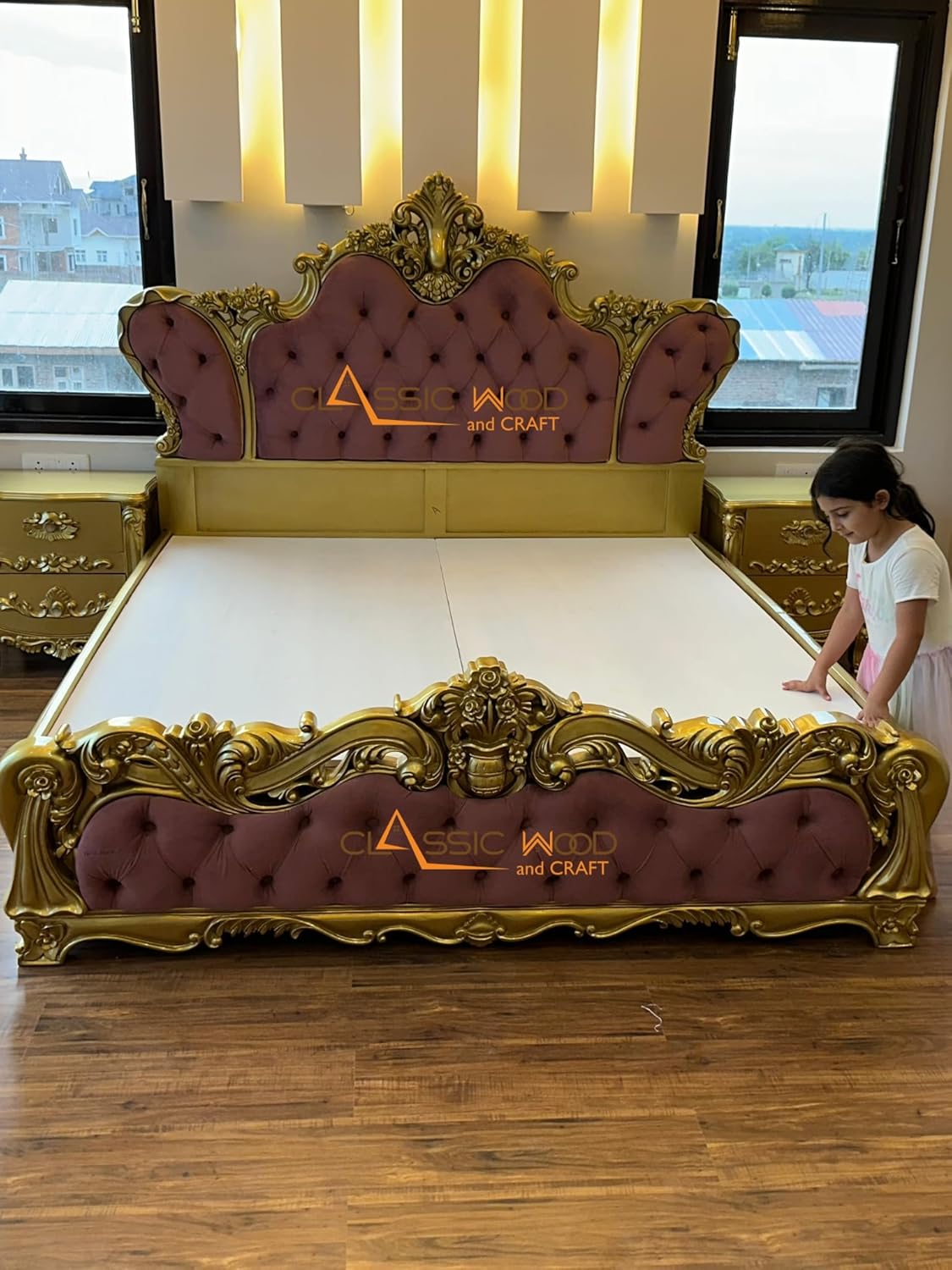 Designer Royal Wooden Bed Tufted Headboard Hand-Carved Teak Wood King Bed - Image 5