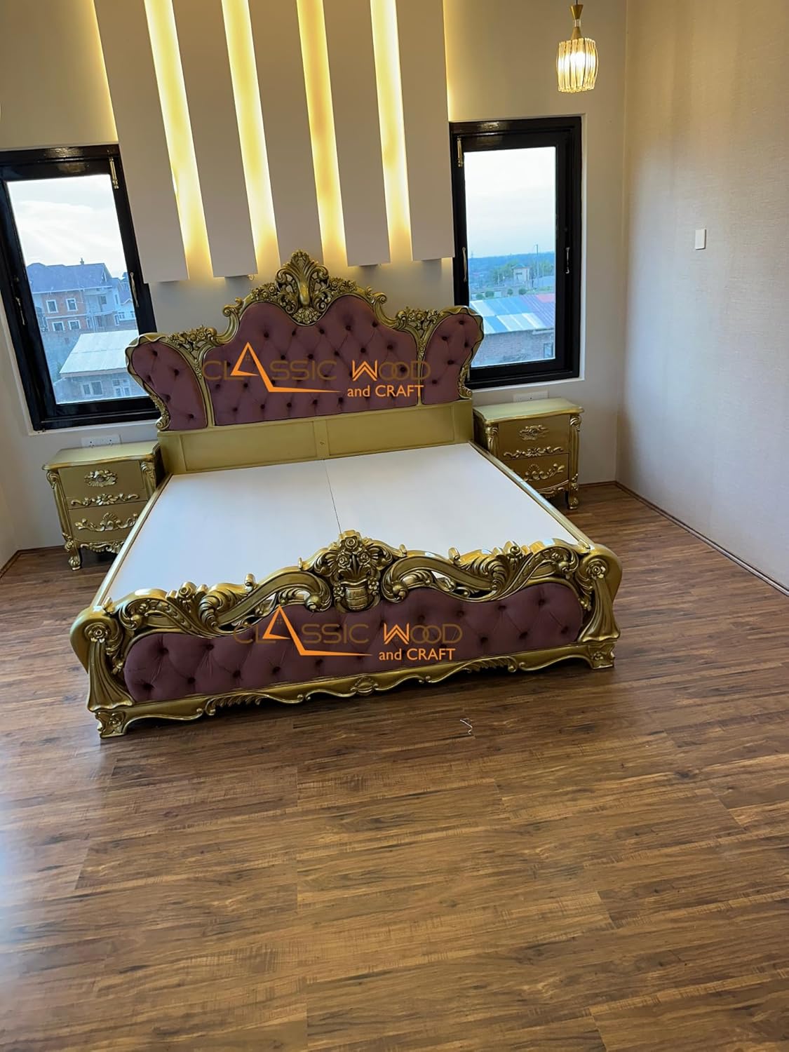 Designer Royal Wooden Bed Tufted Headboard Hand-Carved Teak Wood King Bed - Image 3