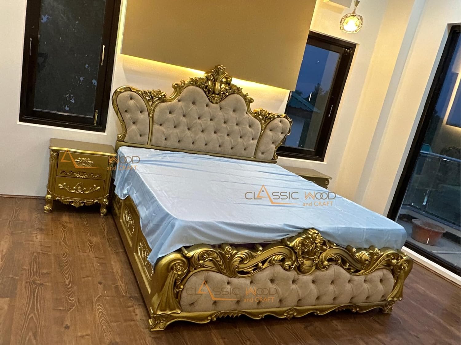 Royal Luxury Upholstered Bed Hand Carved Teak Wood Bedroom Furniture - Image 4