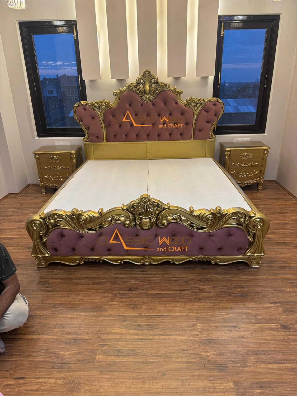Designer Royal Wooden Bed Tufted Headboard Hand-Carved Teak Wood King Bed - Image 4
