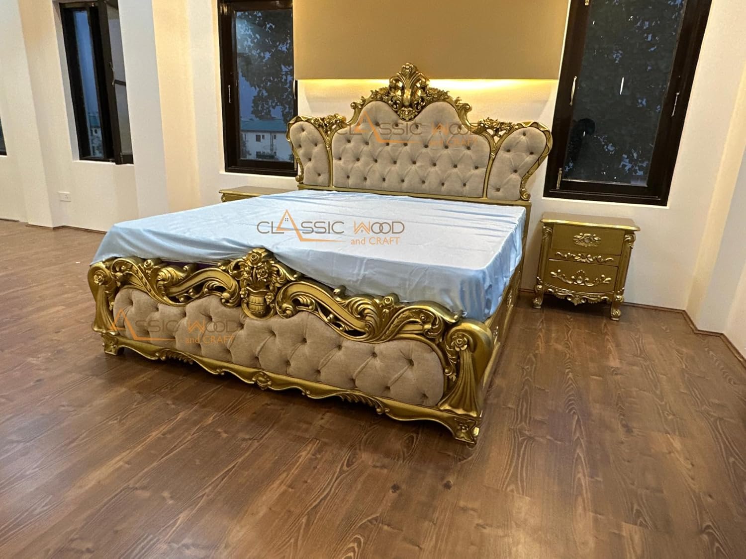 Royal Luxury Upholstered Bed Hand Carved Teak Wood Bedroom Furniture - Image 5