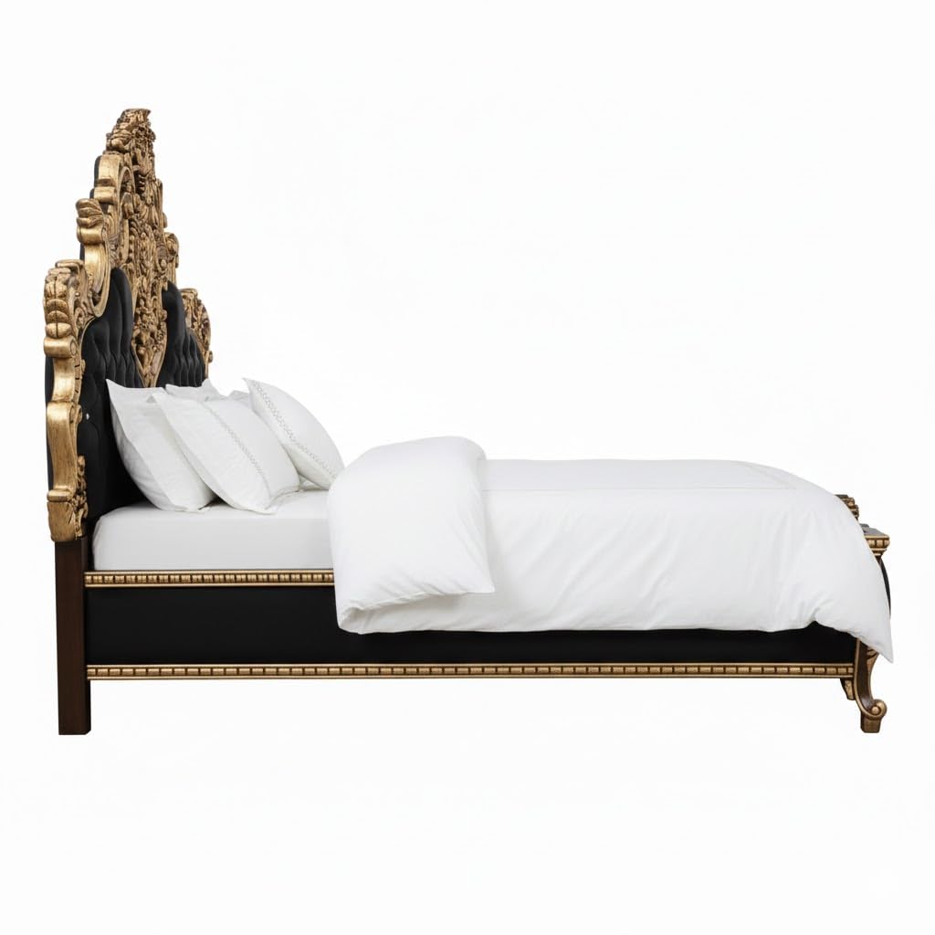 Elegant Victorian King Size Bed Ornate Carvings Black Button Tufted Upholstery - Image 3