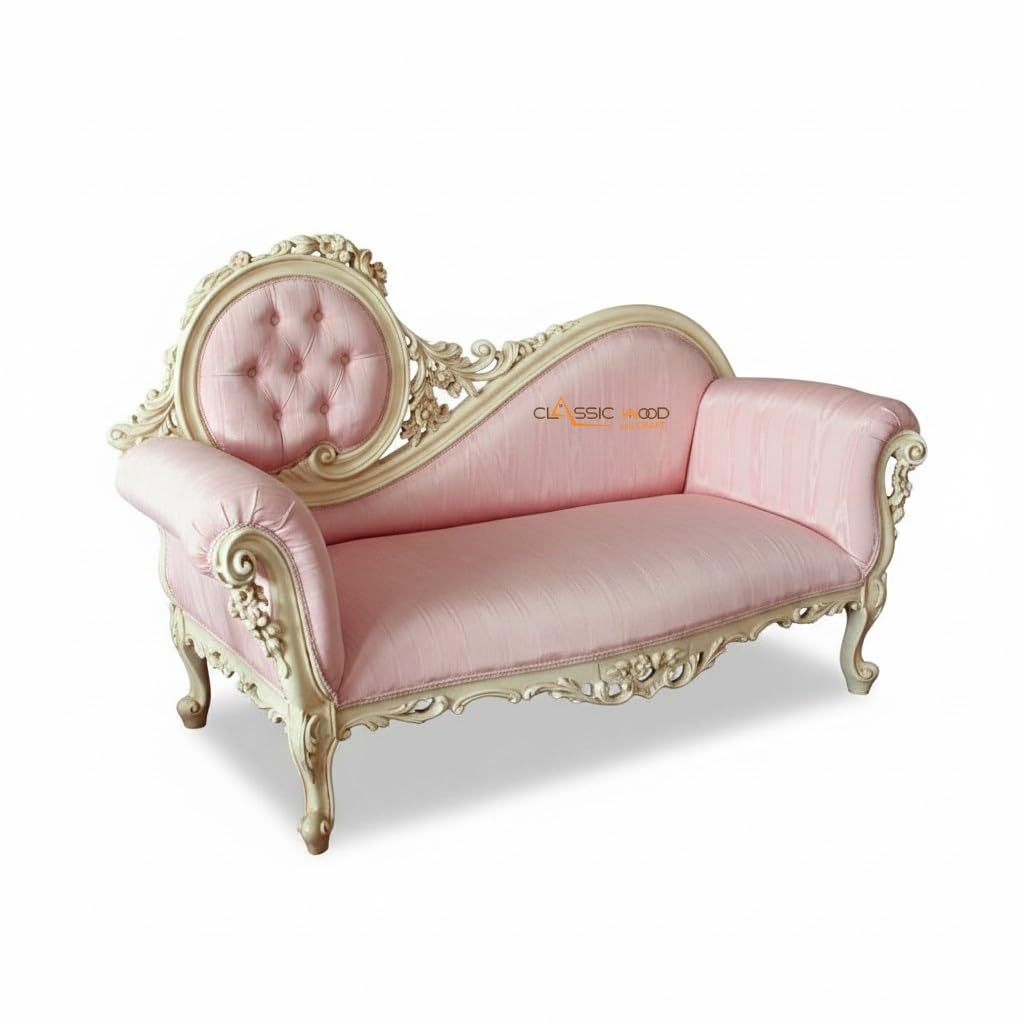Victorian Style Pink Wooden Diwan | Luxury Handcrafted Teak Wood Chaise Lounge for Home - Image 3