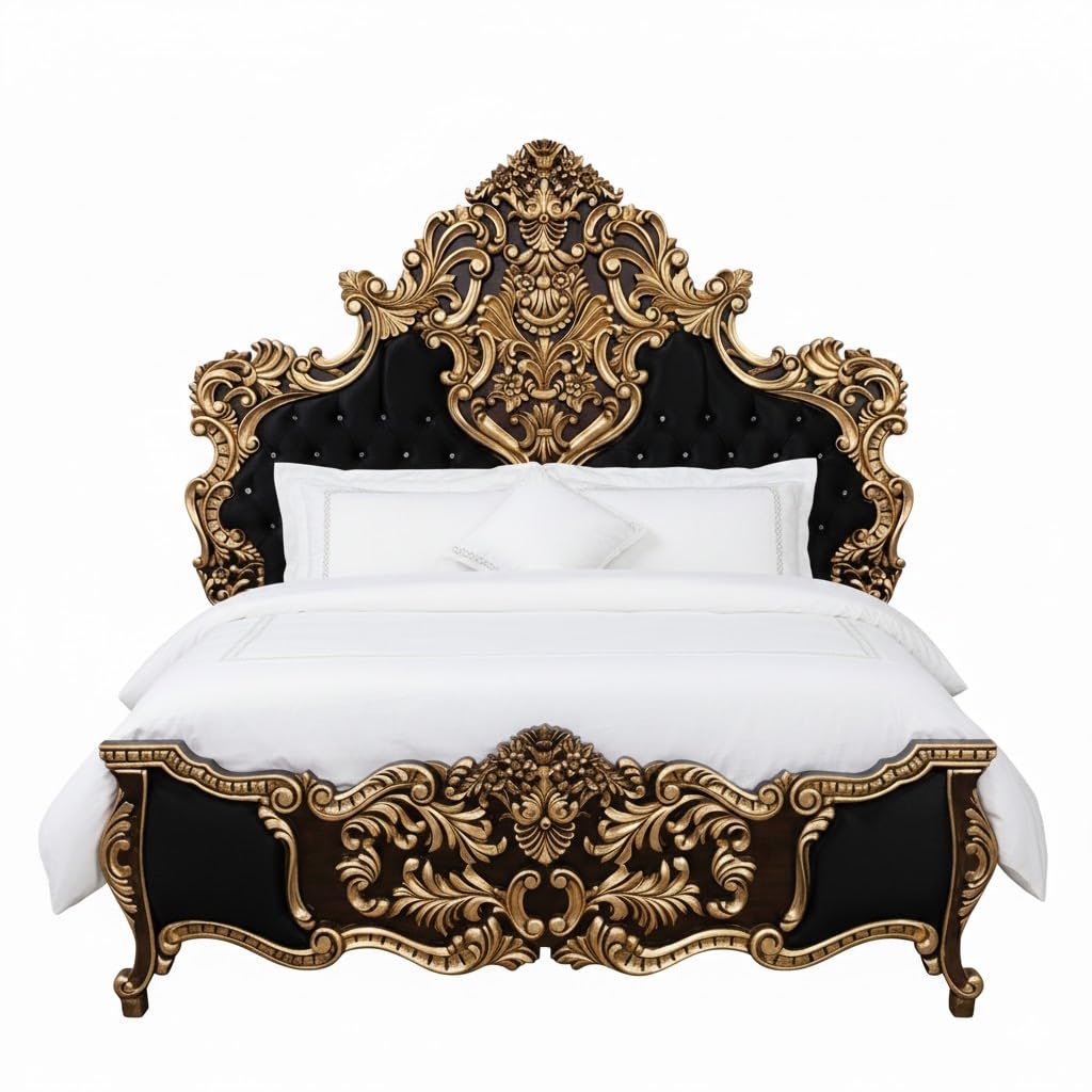 Elegant Victorian King Size Bed Ornate Carvings Black Button Tufted Upholstery - Image 4