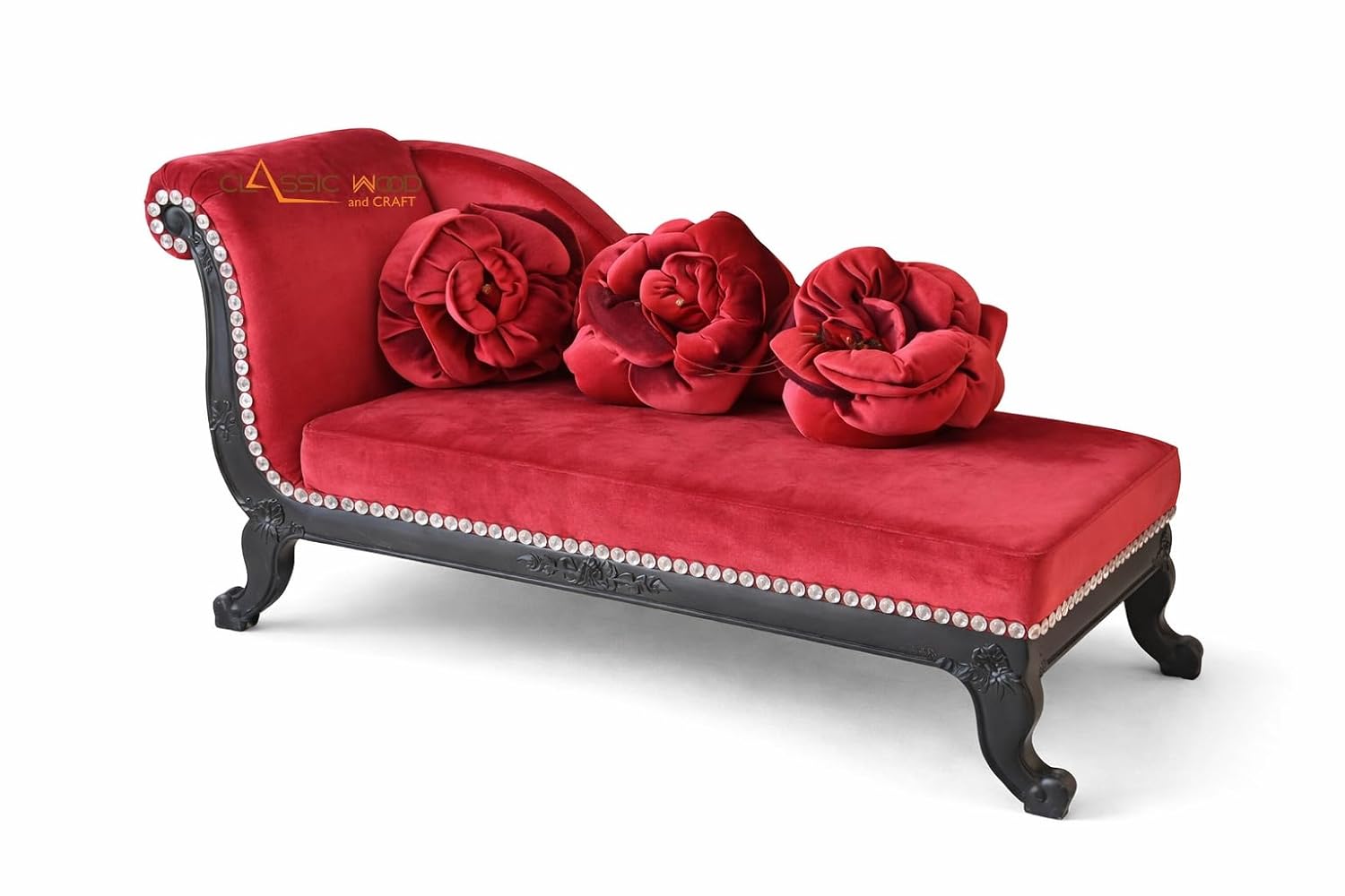 Royal Red Velvet Chaise Lounge Handcrafted Teak Wood Diwan Sofa - Image 3