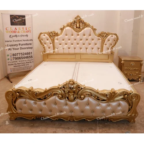 Royal Gold Carved King Size Bed with High Tufted Headboard – Premium Classic Design