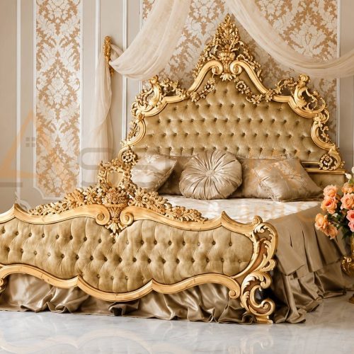 Victorian Style Teak Wood Bed Handcrafted King Size Wooden Bed with Tufted Headboard
