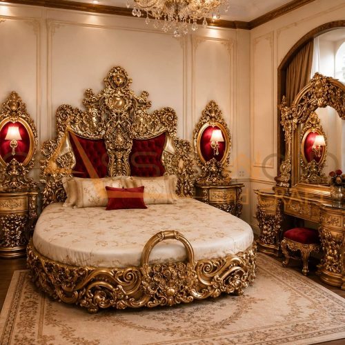 Luxury Hand Carved Round King Size Bed Teak Wood Royal Designer Bedroom Furniture